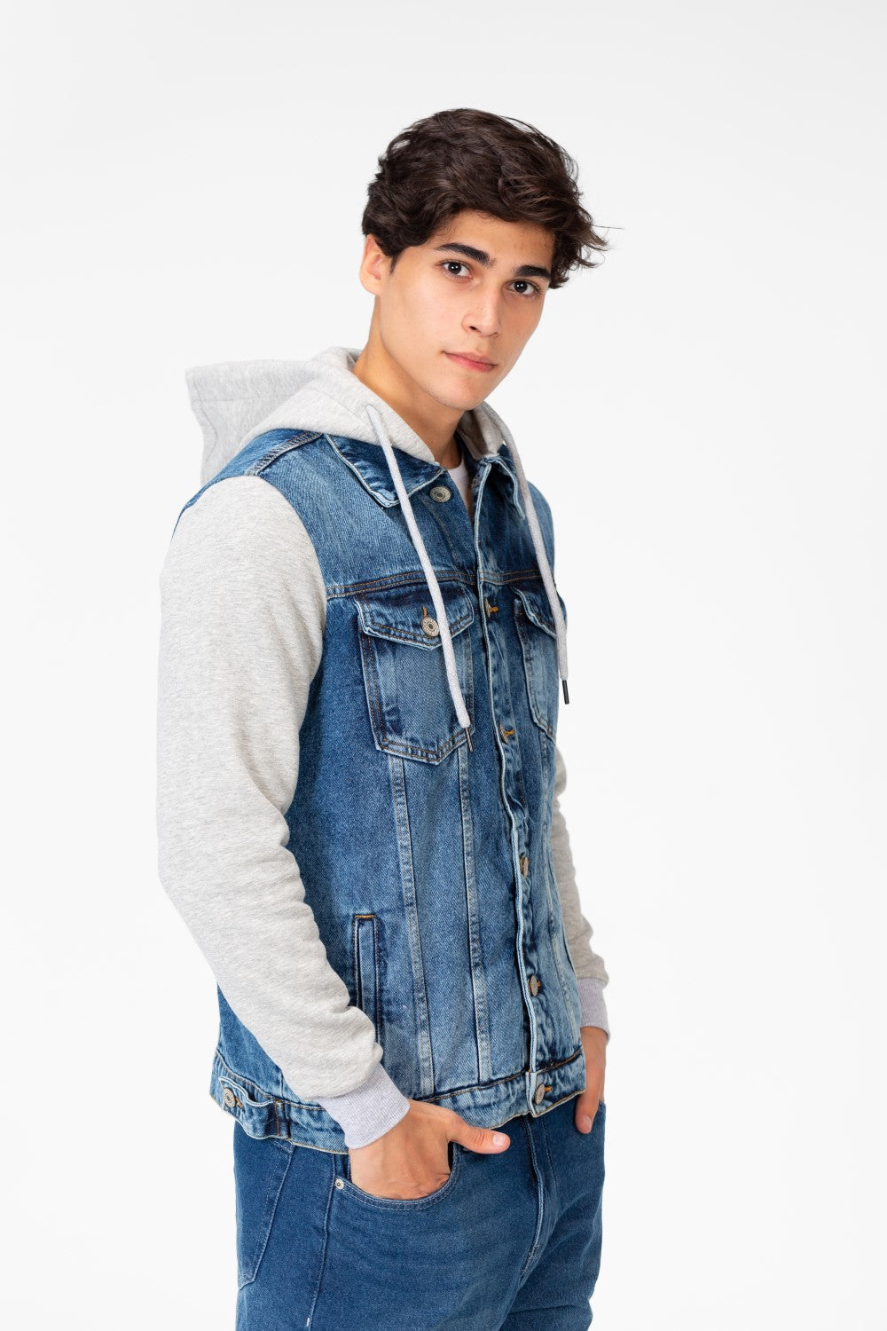 Men's Denim Front Pockets Jacket With Melton Sleeves & Hood