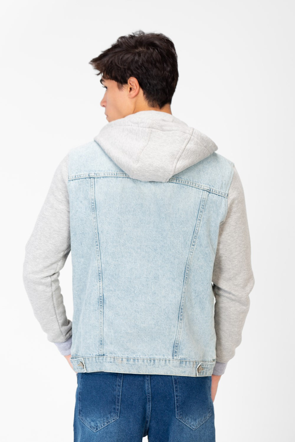 Men's Denim Front Pockets Jacket With Melton Sleeves & Hood