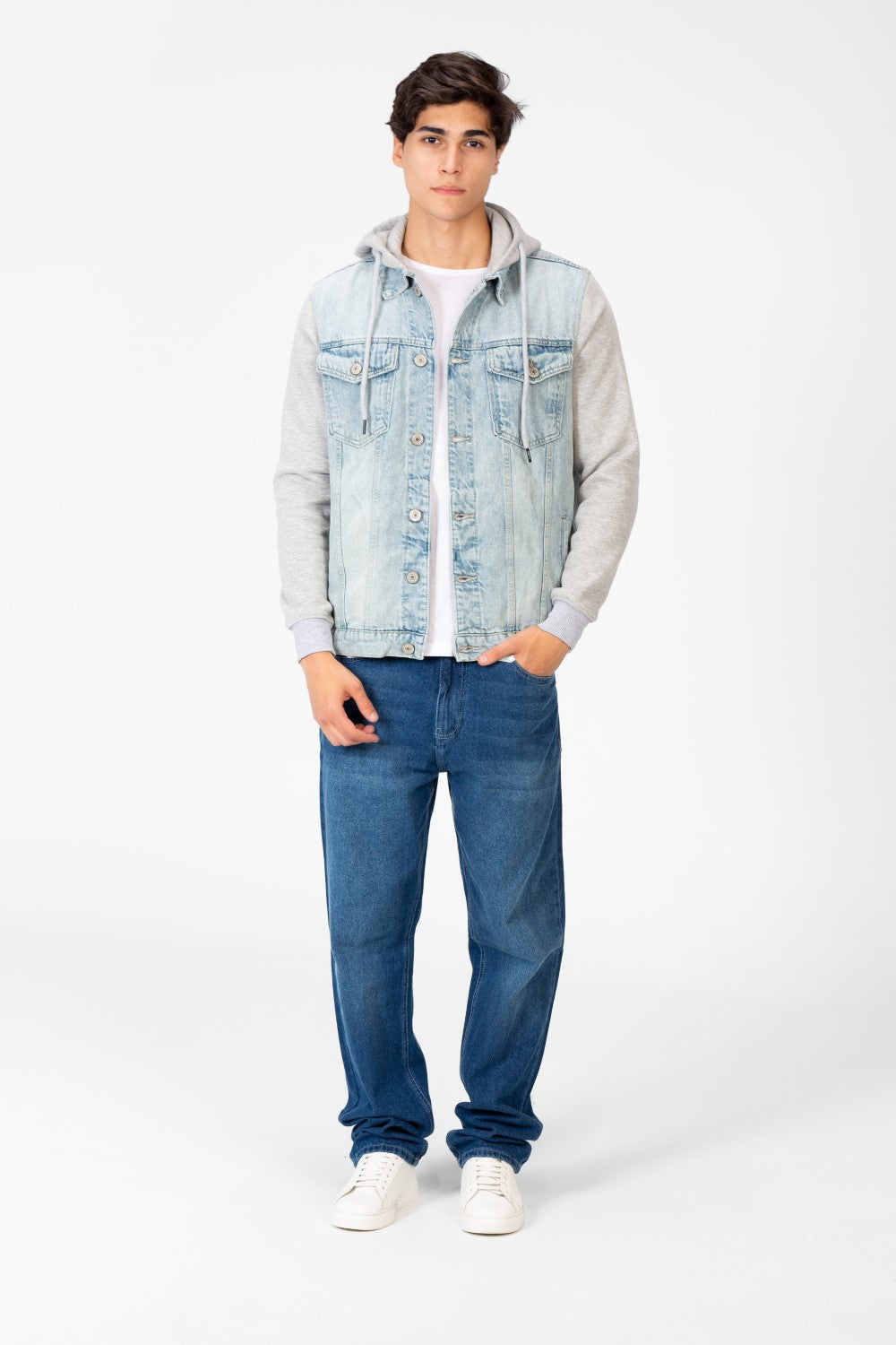 Men's Denim Front Pockets Jacket With Melton Sleeves & Hood