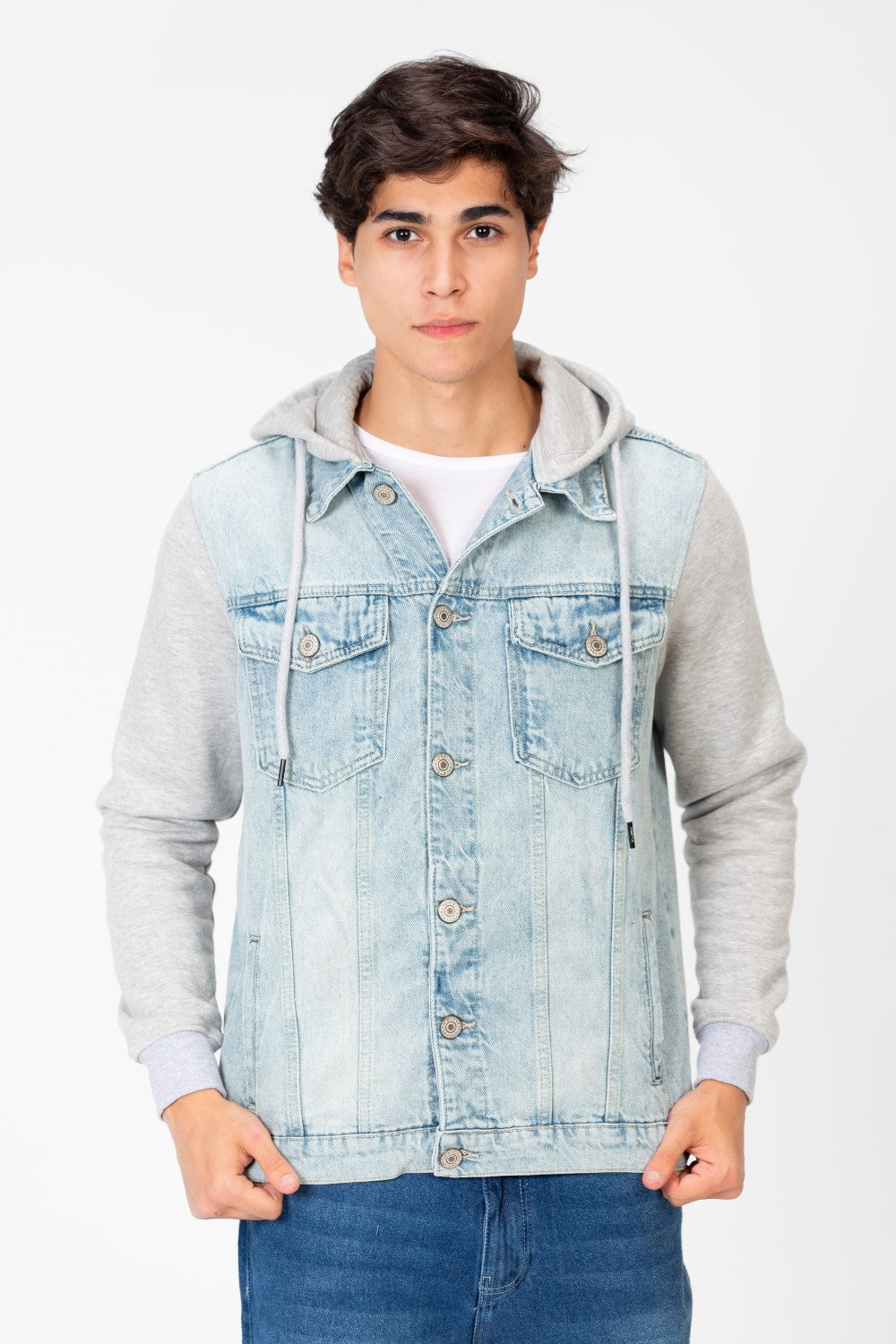 Men's Denim Front Pockets Jacket With Melton Sleeves & Hood