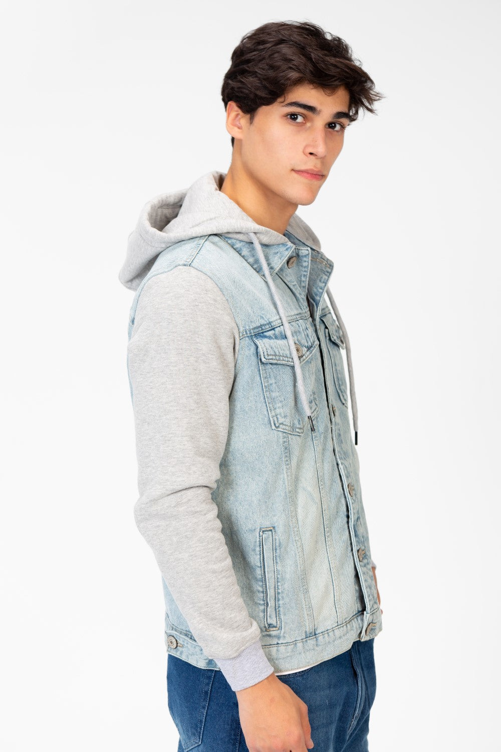 Men's Denim Front Pockets Jacket With Melton Sleeves & Hood