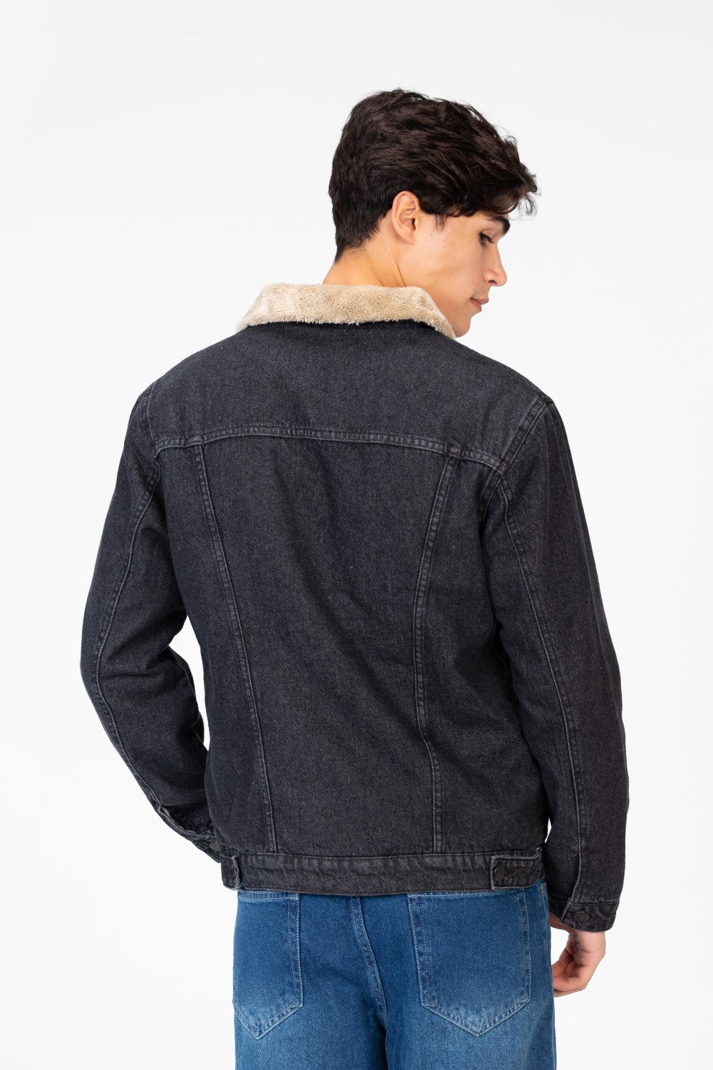 Men's Denim Fur Padded Jacket With Front Pockets And Long Sleeves