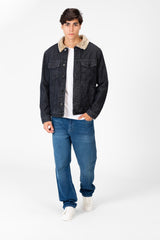 Men's Denim Fur Padded Jacket With Front Pockets And Long Sleeves