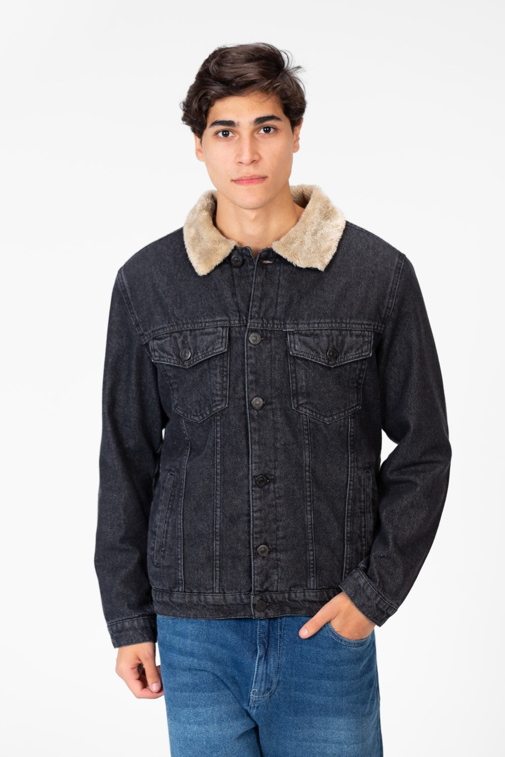 Men's Denim Fur Padded Jacket With Front Pockets And Long Sleeves