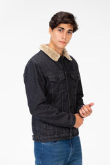 Men's Denim Fur Padded Jacket With Front Pockets And Long Sleeves