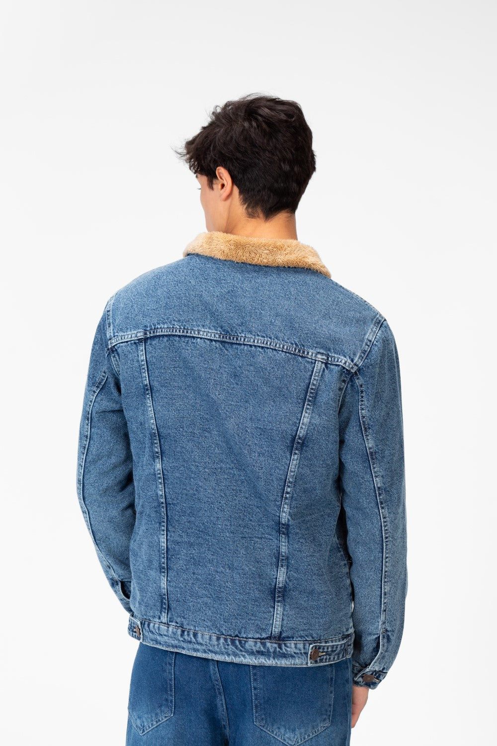 Men's Denim Fur Padded Jacket With Front Pockets And Long Sleeves