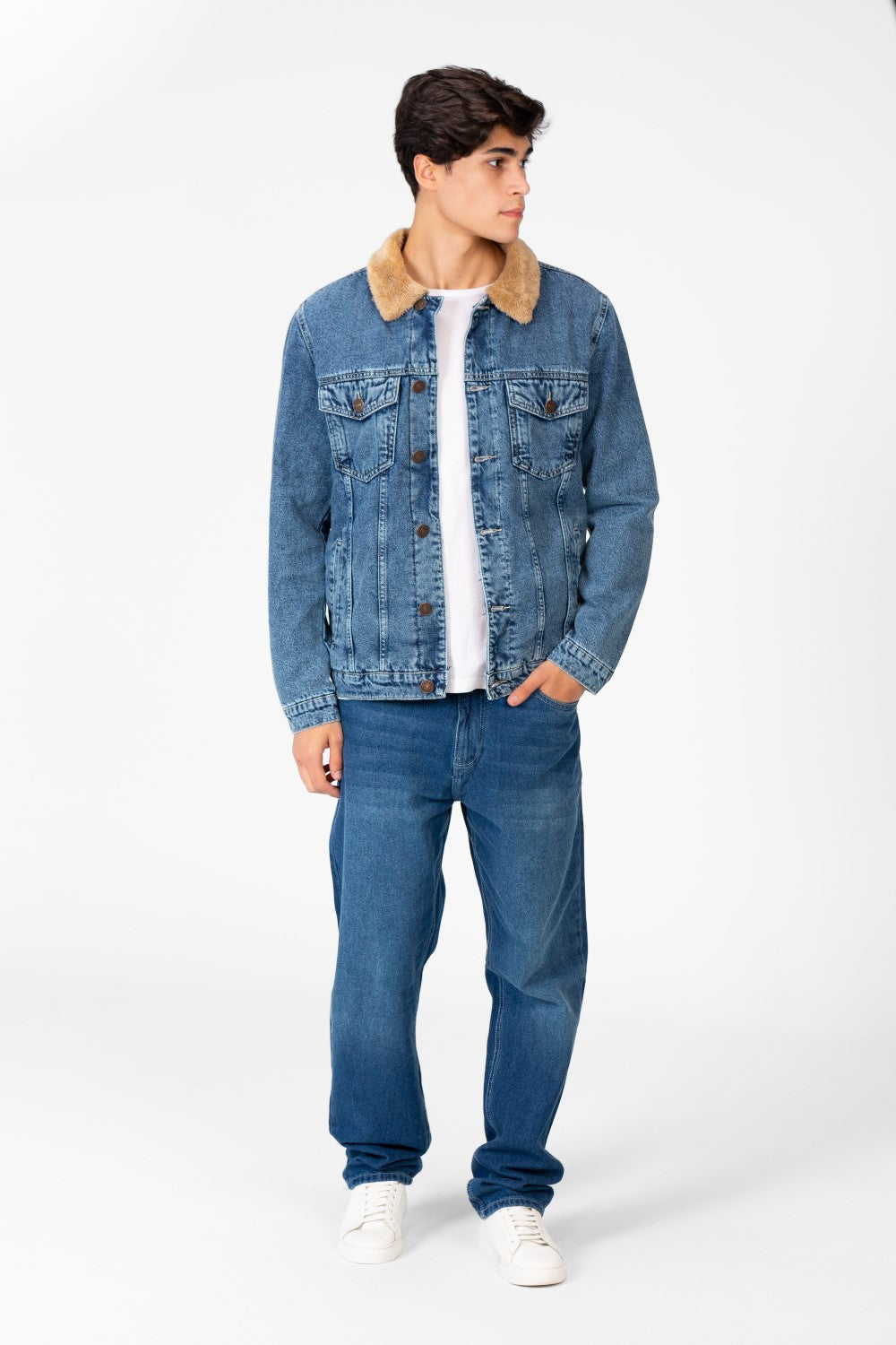 Men's Denim Fur Padded Jacket With Front Pockets And Long Sleeves