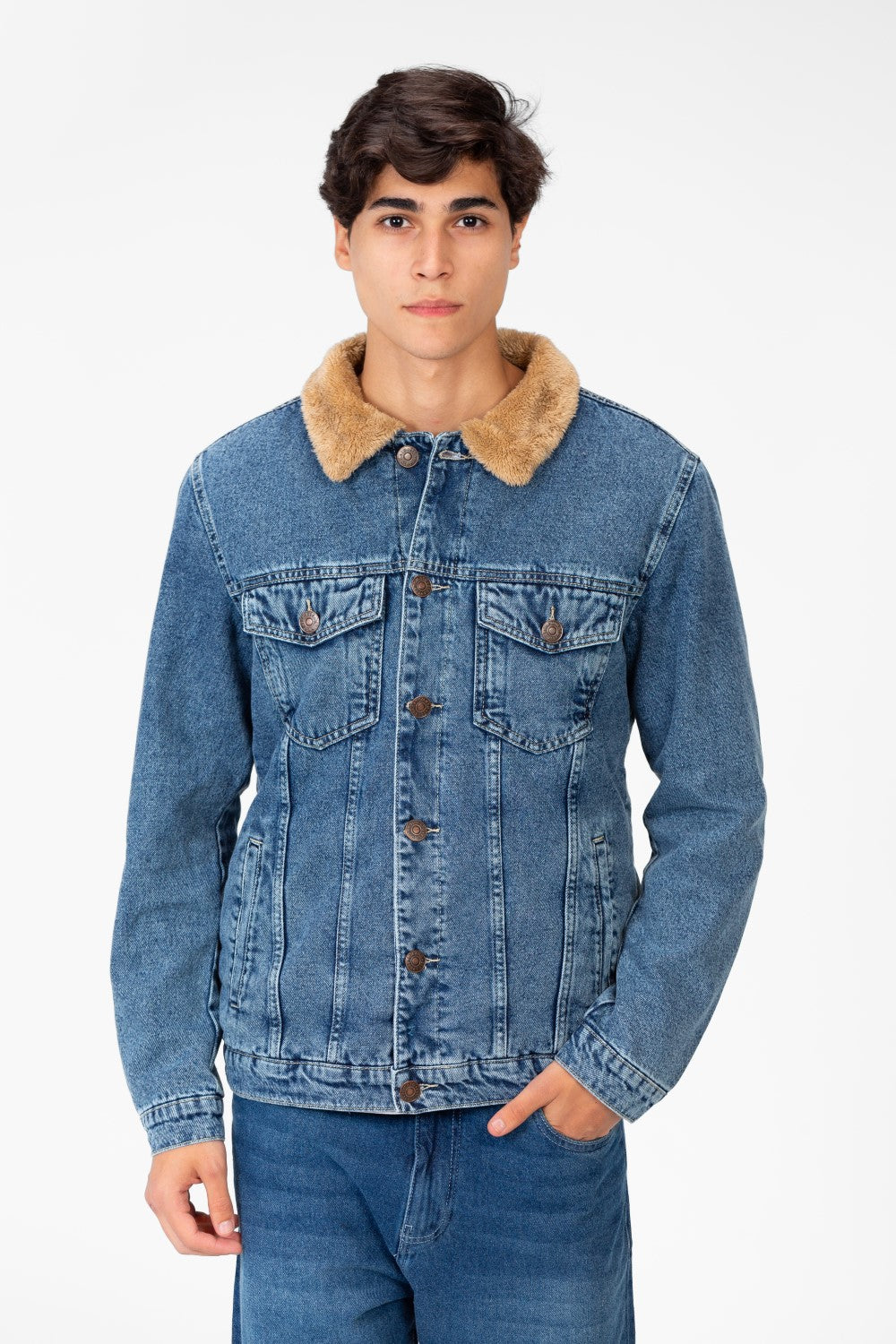 Men's Denim Fur Padded Jacket With Front Pockets And Long Sleeves