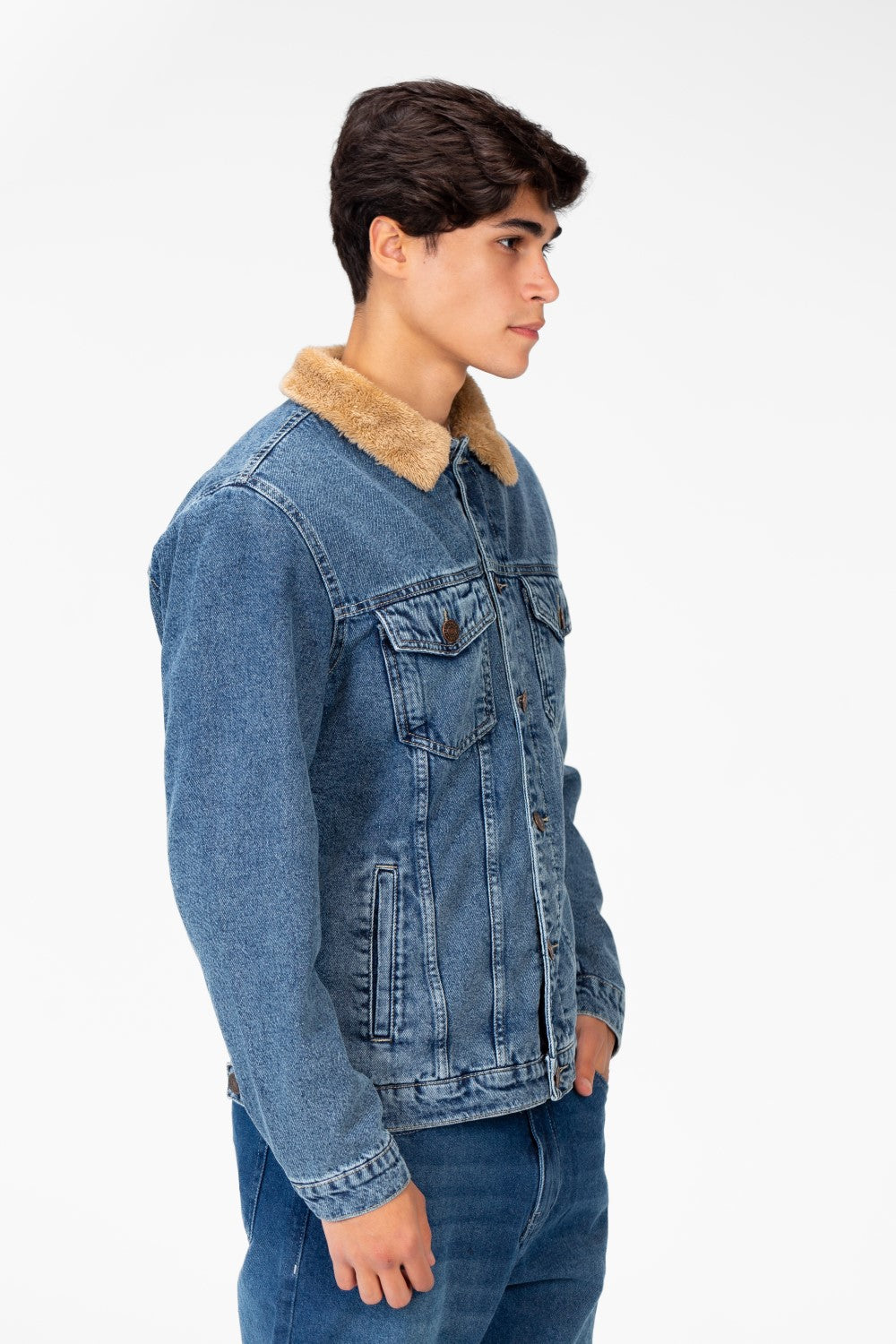 Men's Denim Fur Padded Jacket With Front Pockets And Long Sleeves