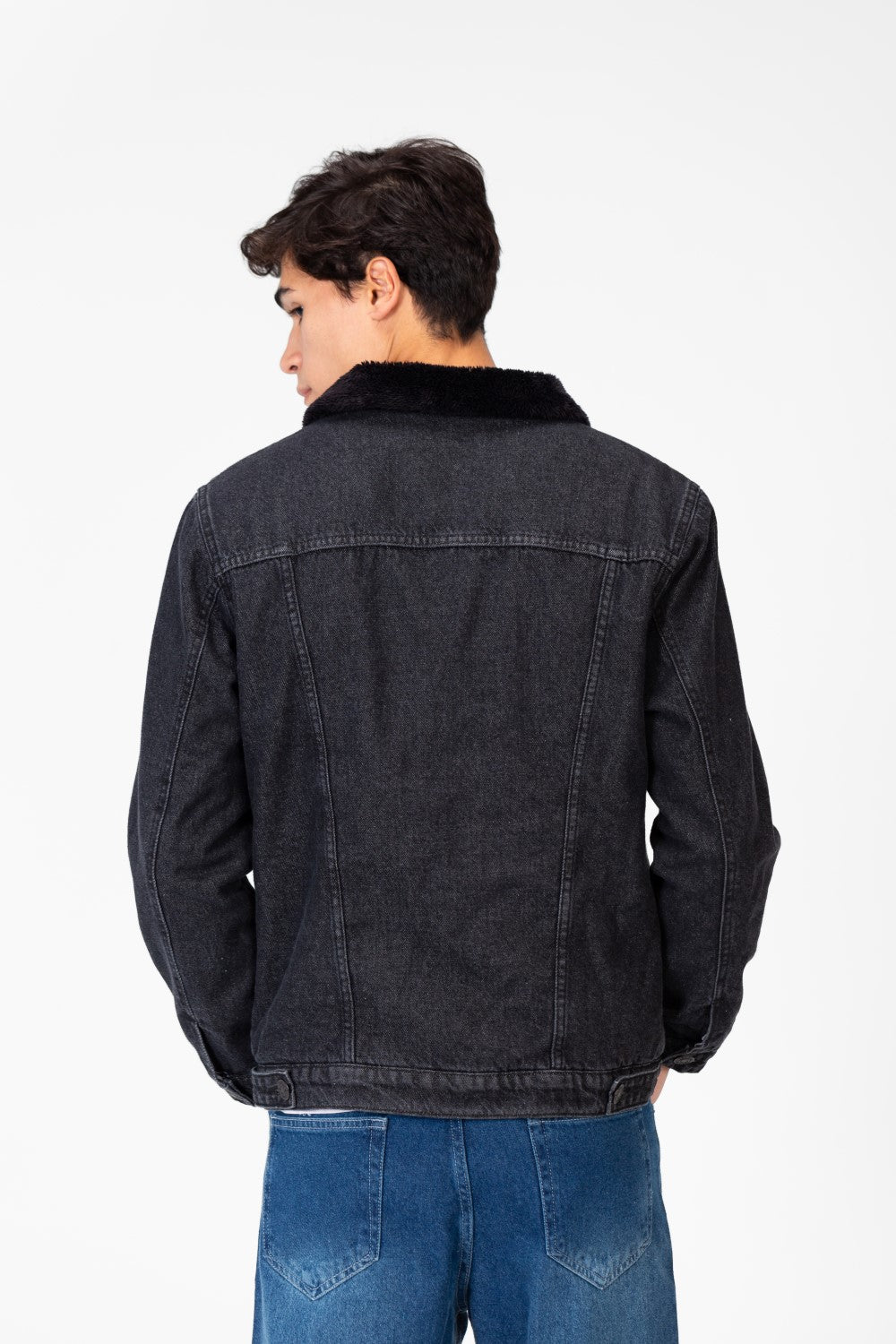 Men's Denim Fur Padded Jacket With Front Pockets And Long Sleeves