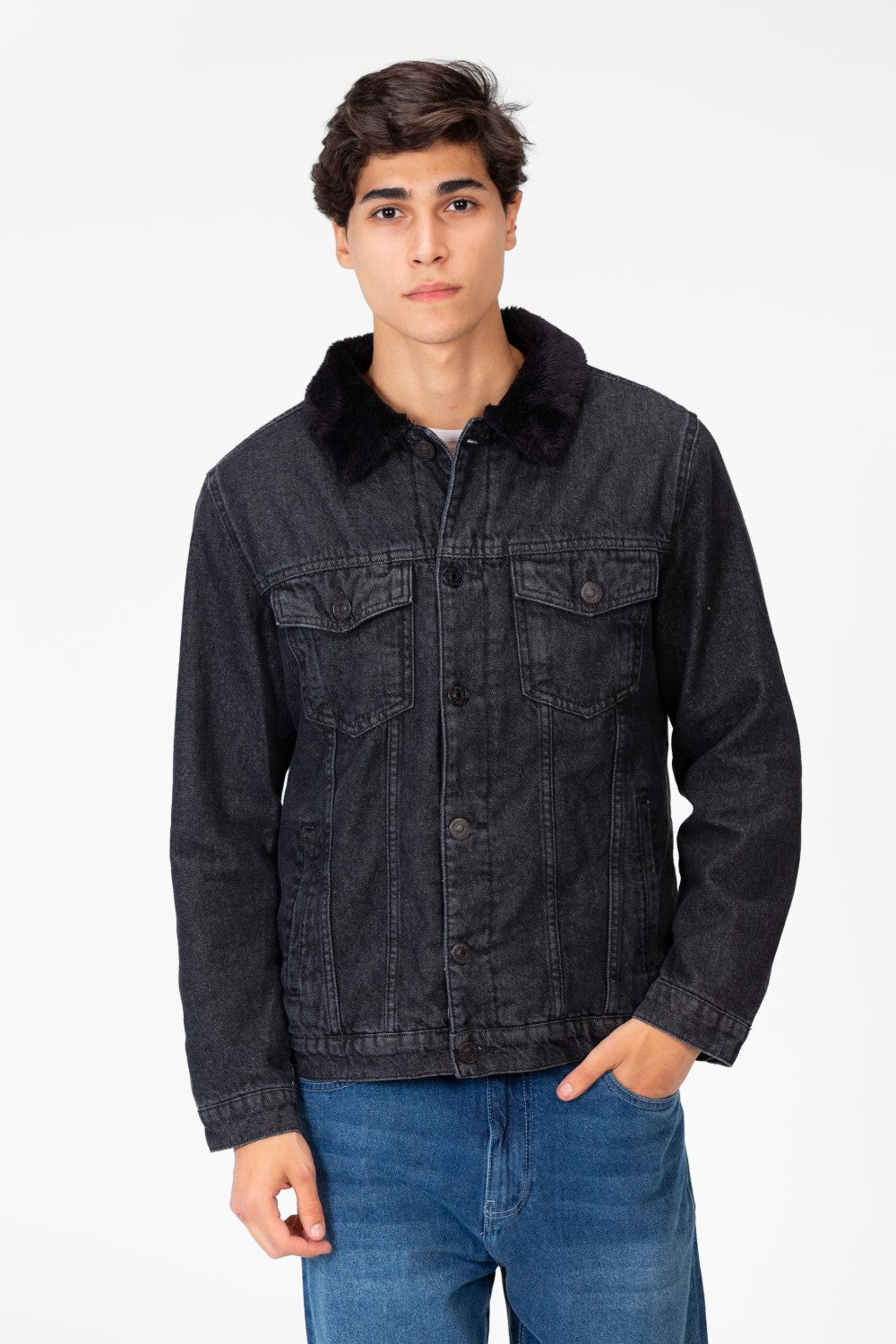 Men's Denim Fur Padded Jacket With Front Pockets And Long Sleeves