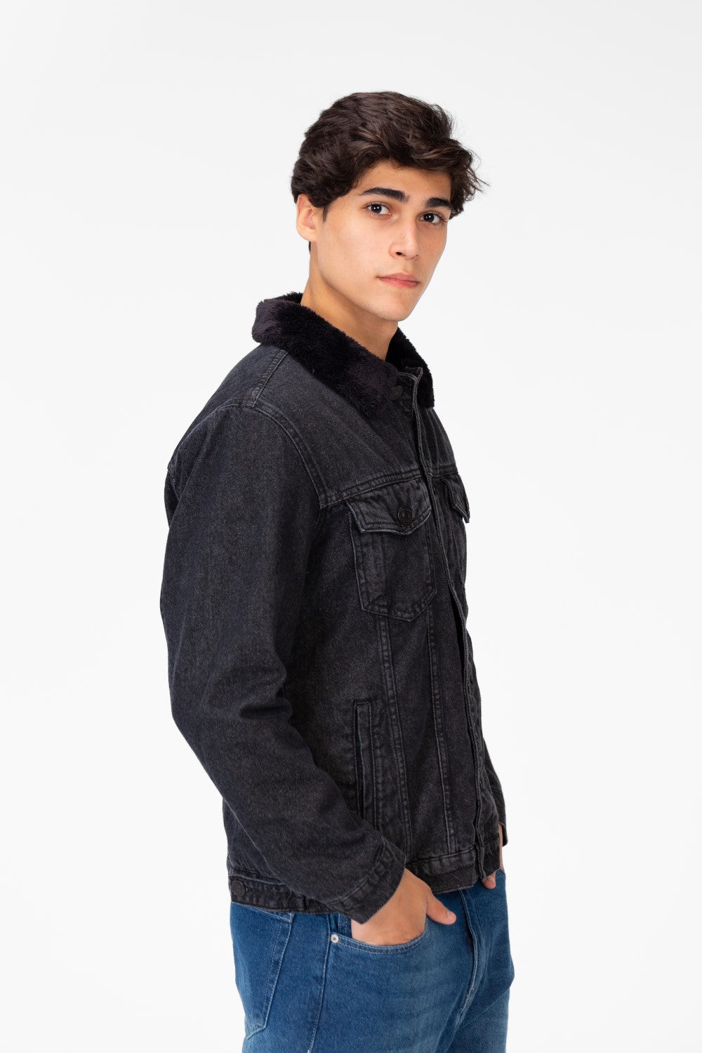 Men's Denim Fur Padded Jacket With Front Pockets And Long Sleeves