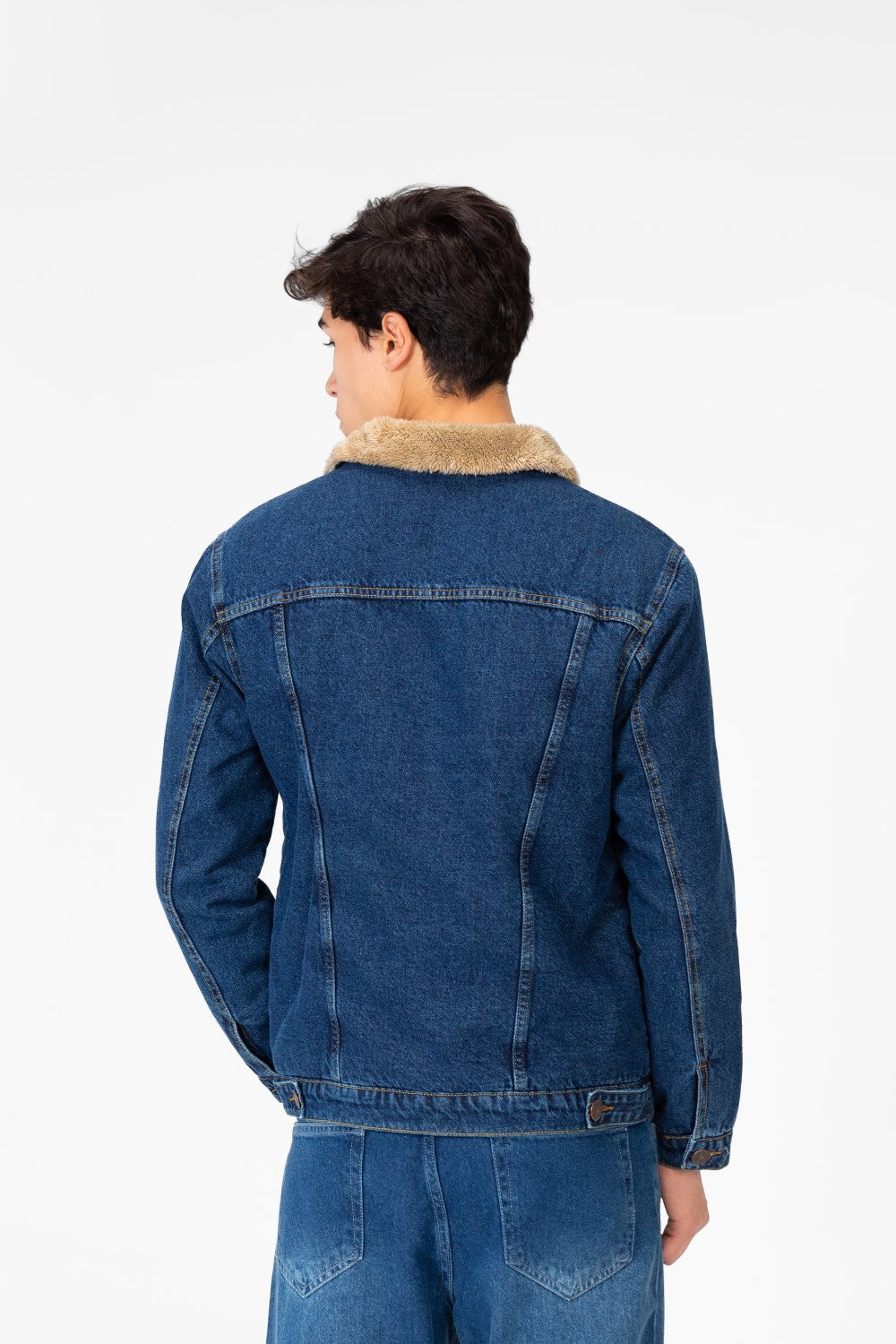 Men's Denim Fur Padded Jacket With Front Pockets And Long Sleeves
