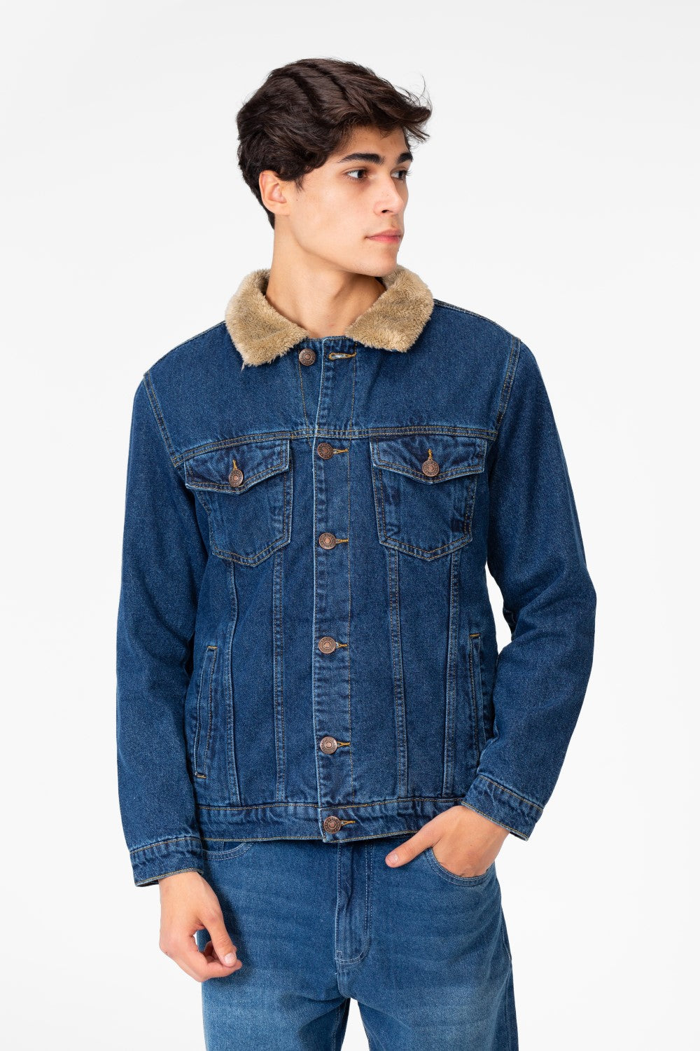 Men's Denim Fur Padded Jacket With Front Pockets And Long Sleeves