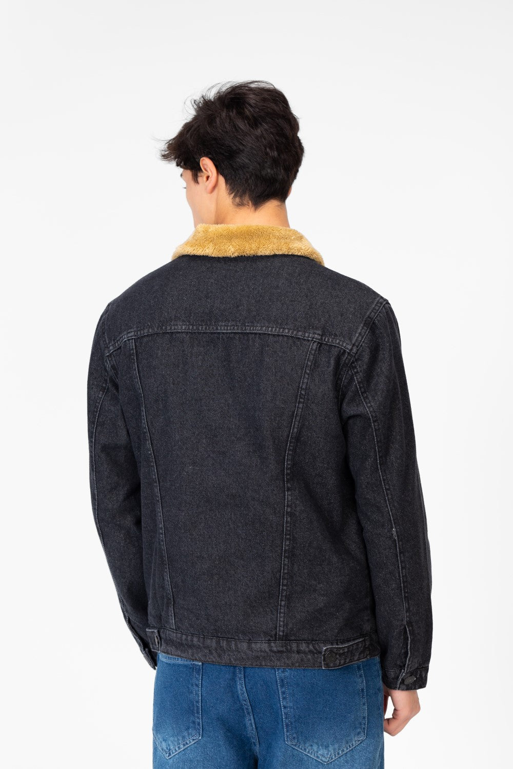 Men's Denim Fur Padded Jacket With Front Pockets And Long Sleeves