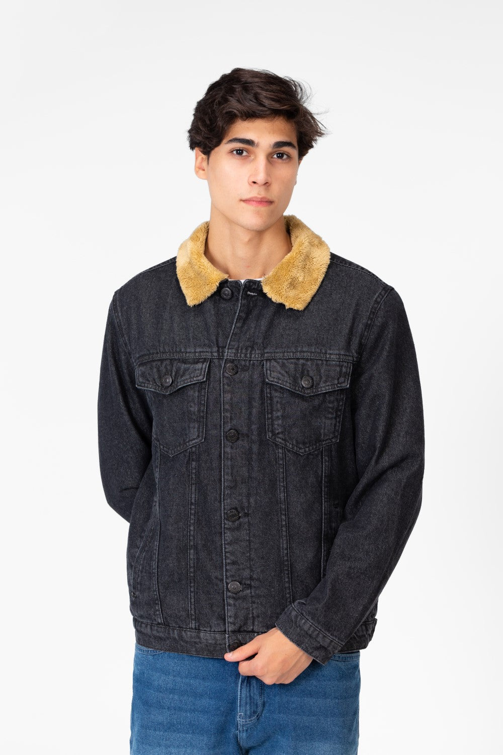 Men's Denim Fur Padded Jacket With Front Pockets And Long Sleeves