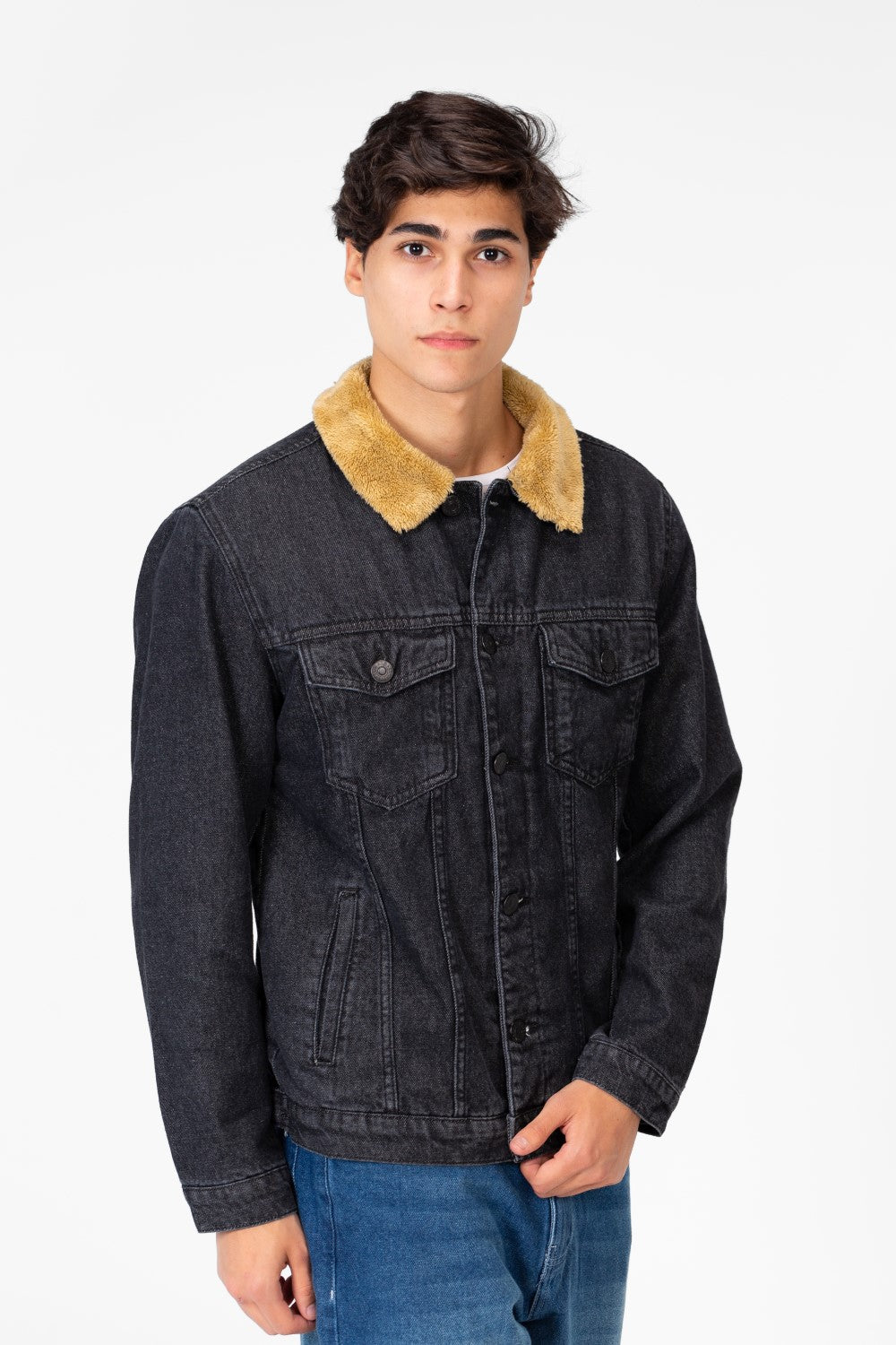 Men's Denim Fur Padded Jacket With Front Pockets And Long Sleeves