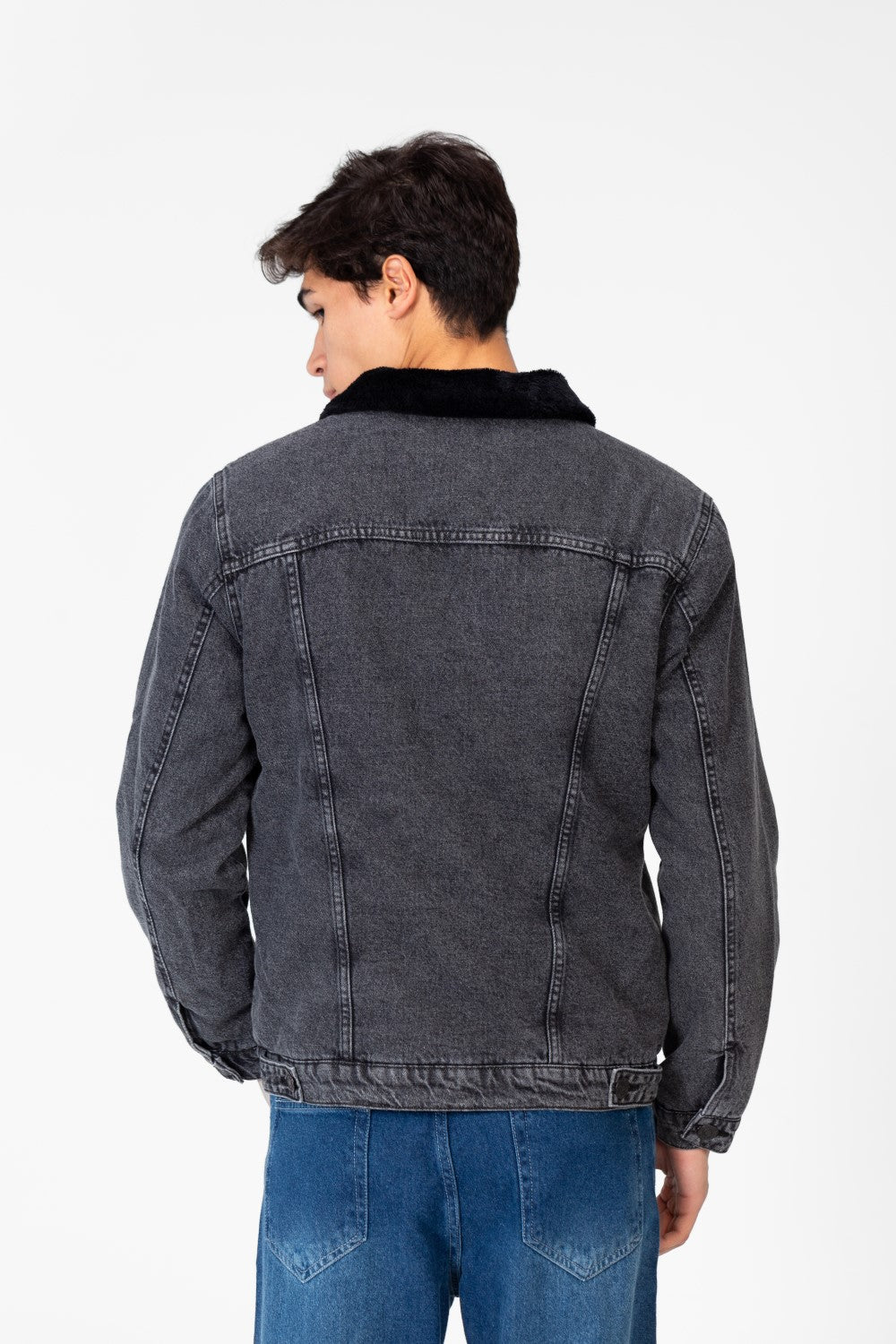 Men's Denim Fur Padded Jacket With Front Pockets And Long Sleeves