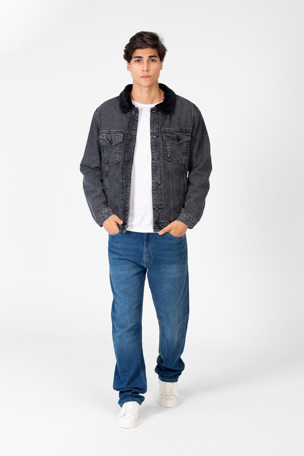 Men's Denim Fur Padded Jacket With Front Pockets And Long Sleeves