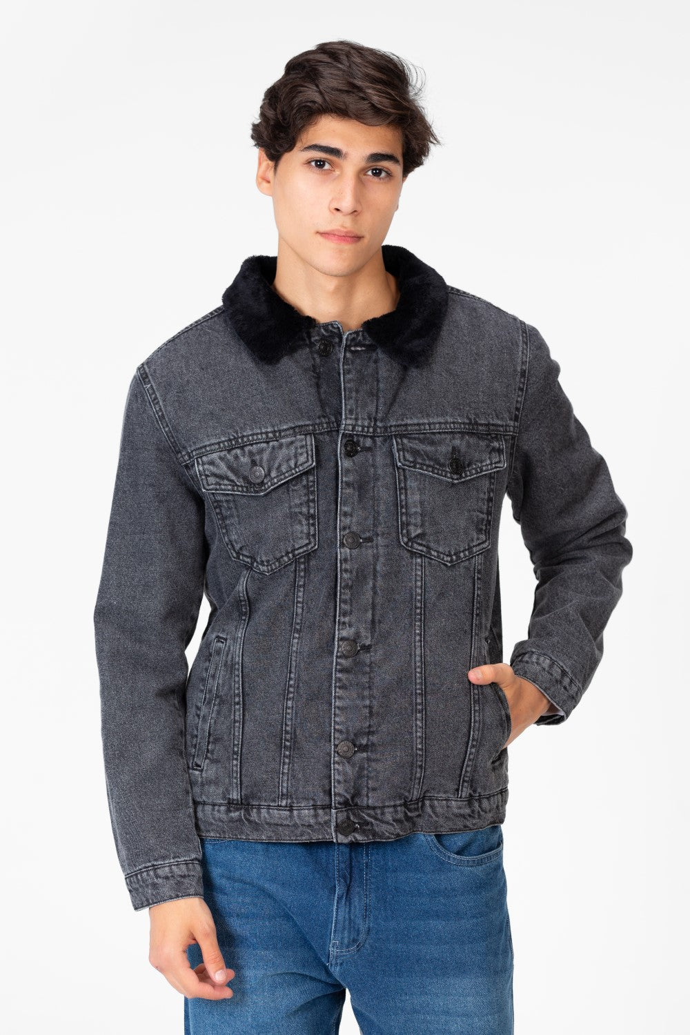 Men's Denim Fur Padded Jacket With Front Pockets And Long Sleeves