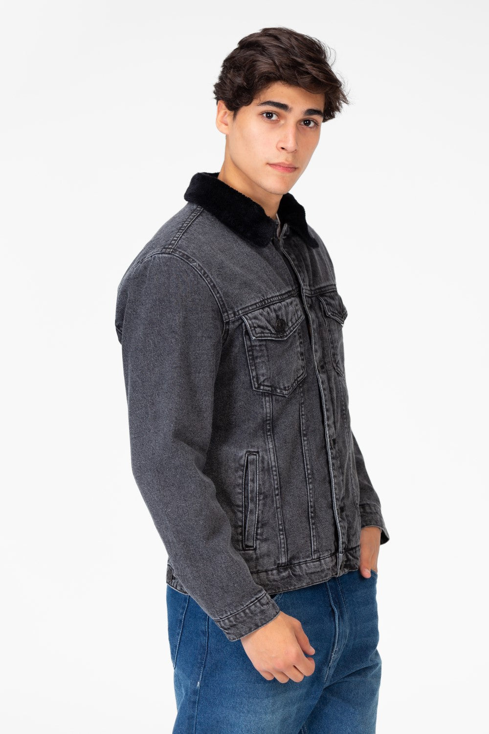 Men's Denim Fur Padded Jacket With Front Pockets And Long Sleeves