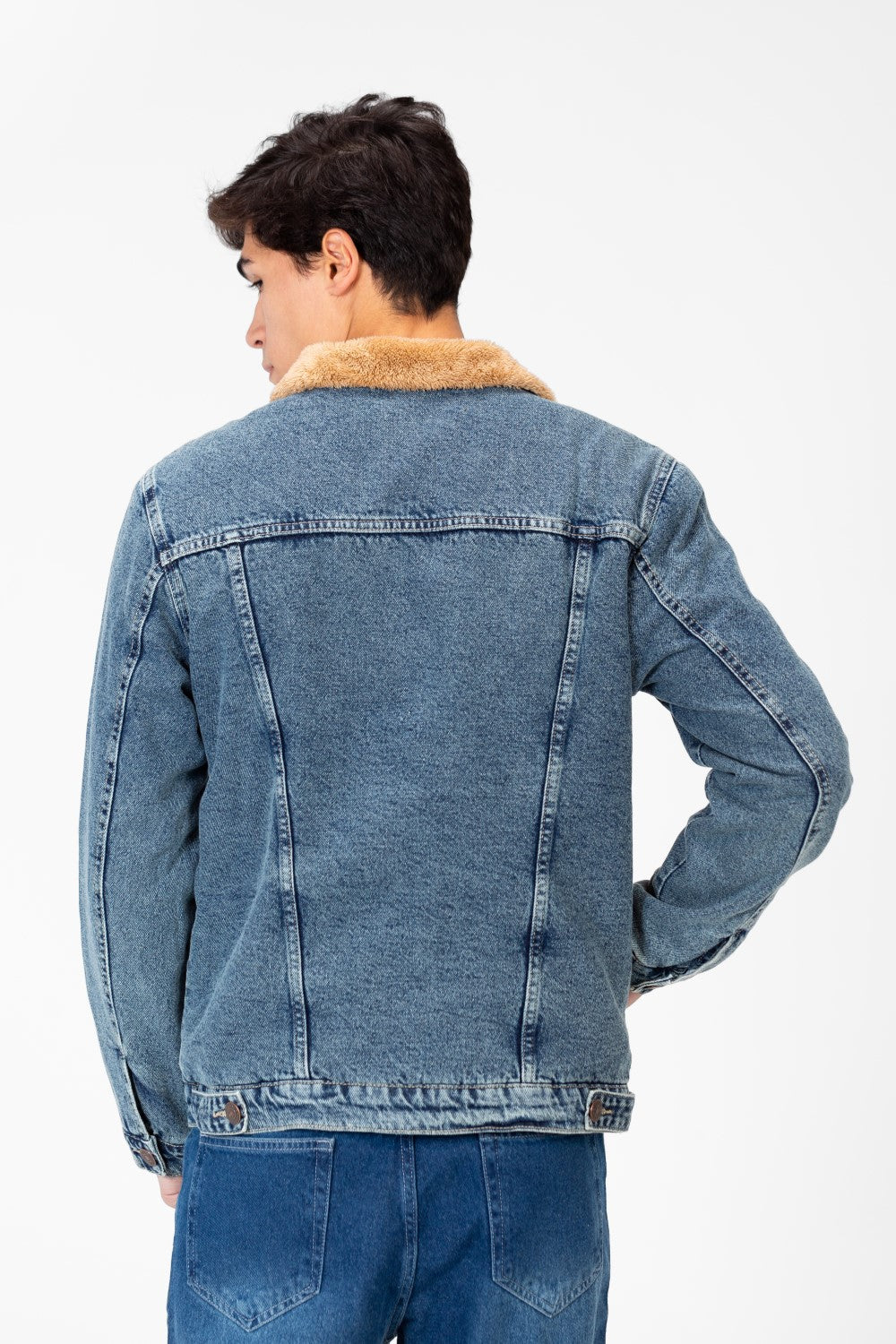 Men's Denim Fur Padded Jacket With Front Pockets And Long Sleeves