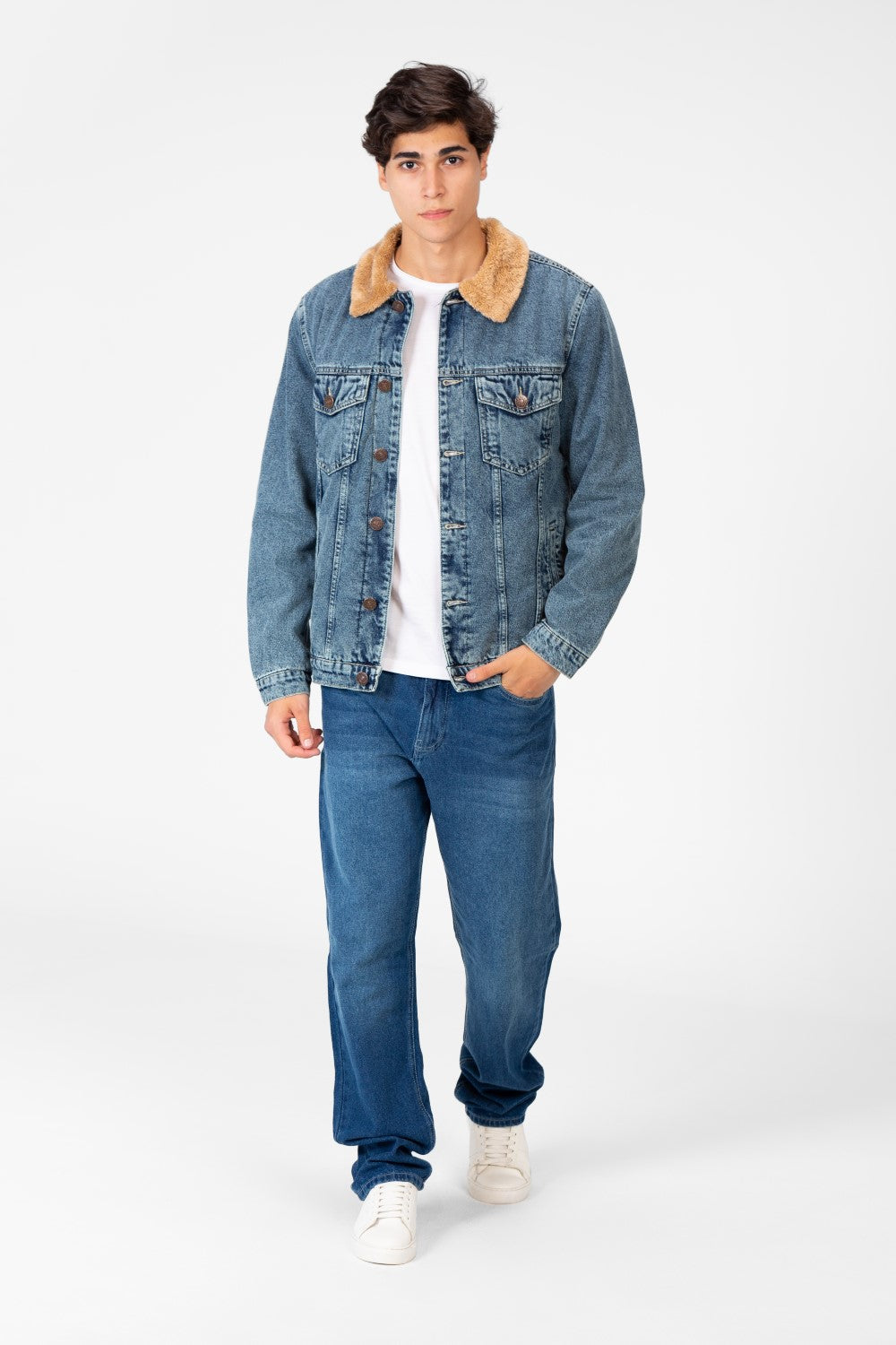 Men's Denim Fur Padded Jacket With Front Pockets And Long Sleeves