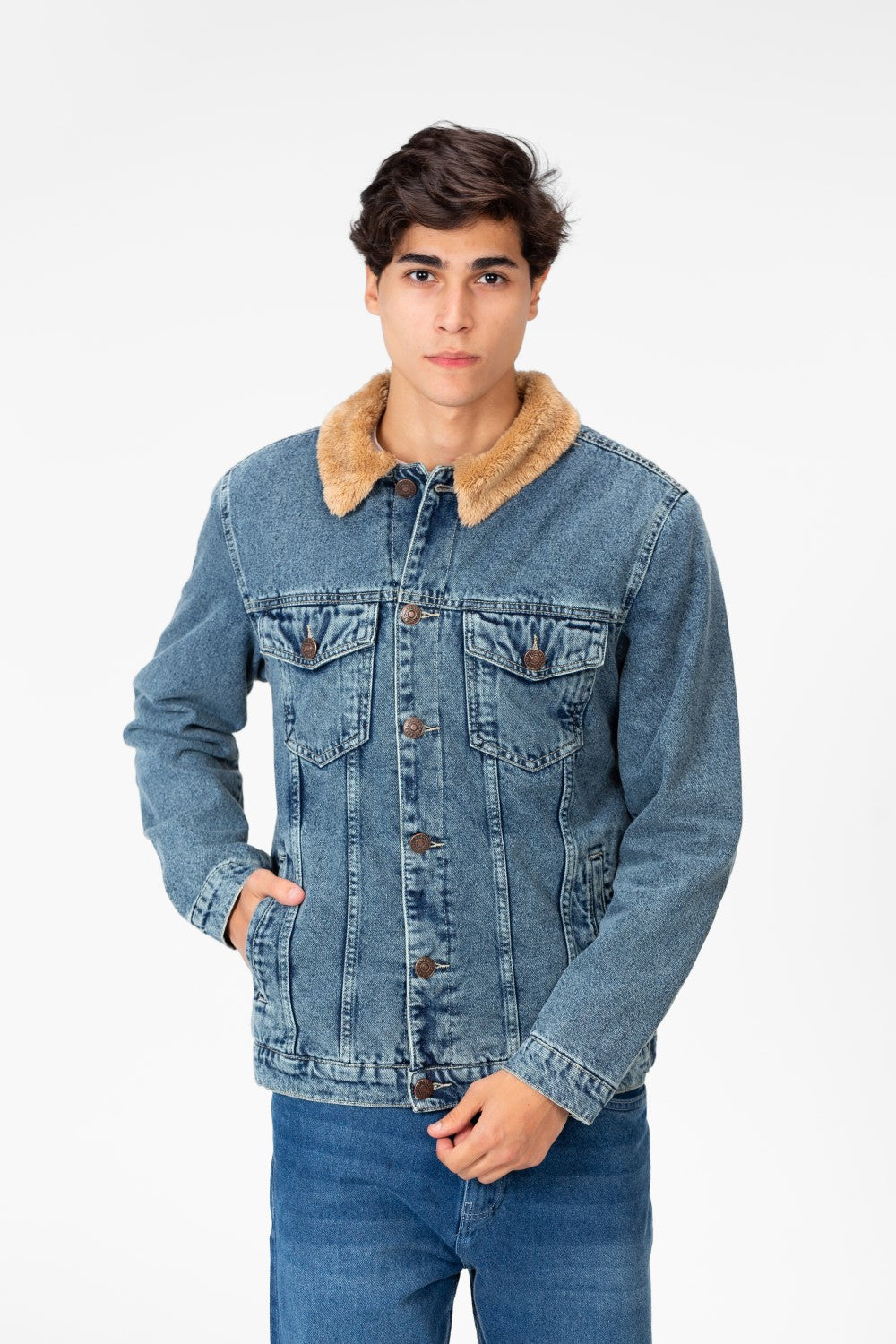 Men's Denim Fur Padded Jacket With Front Pockets And Long Sleeves