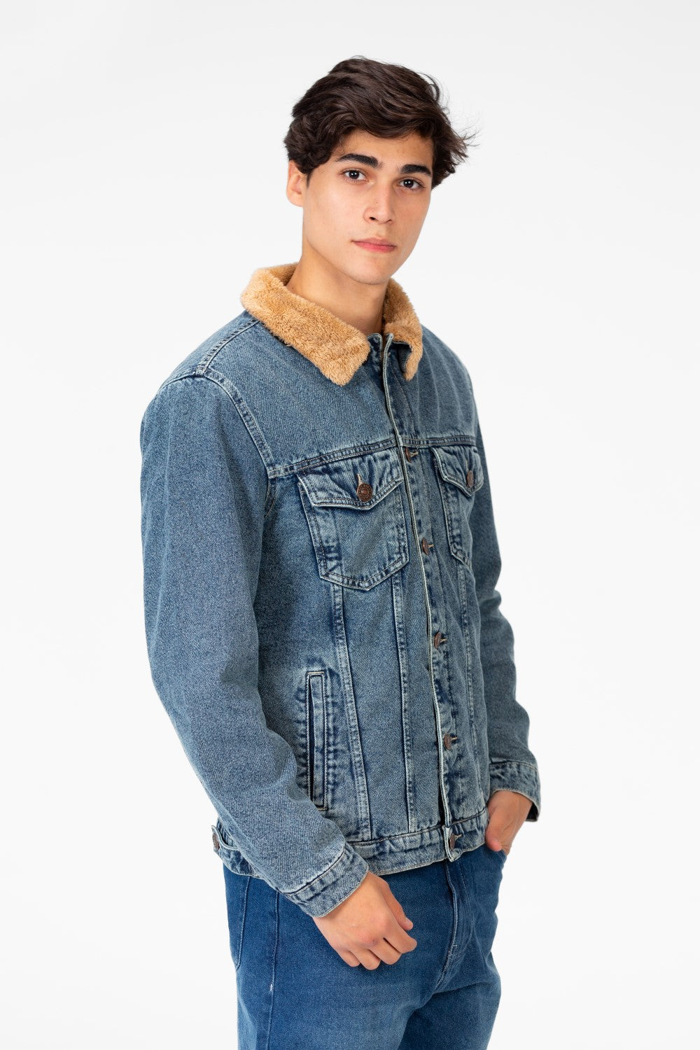 Men's Denim Fur Padded Jacket With Front Pockets And Long Sleeves