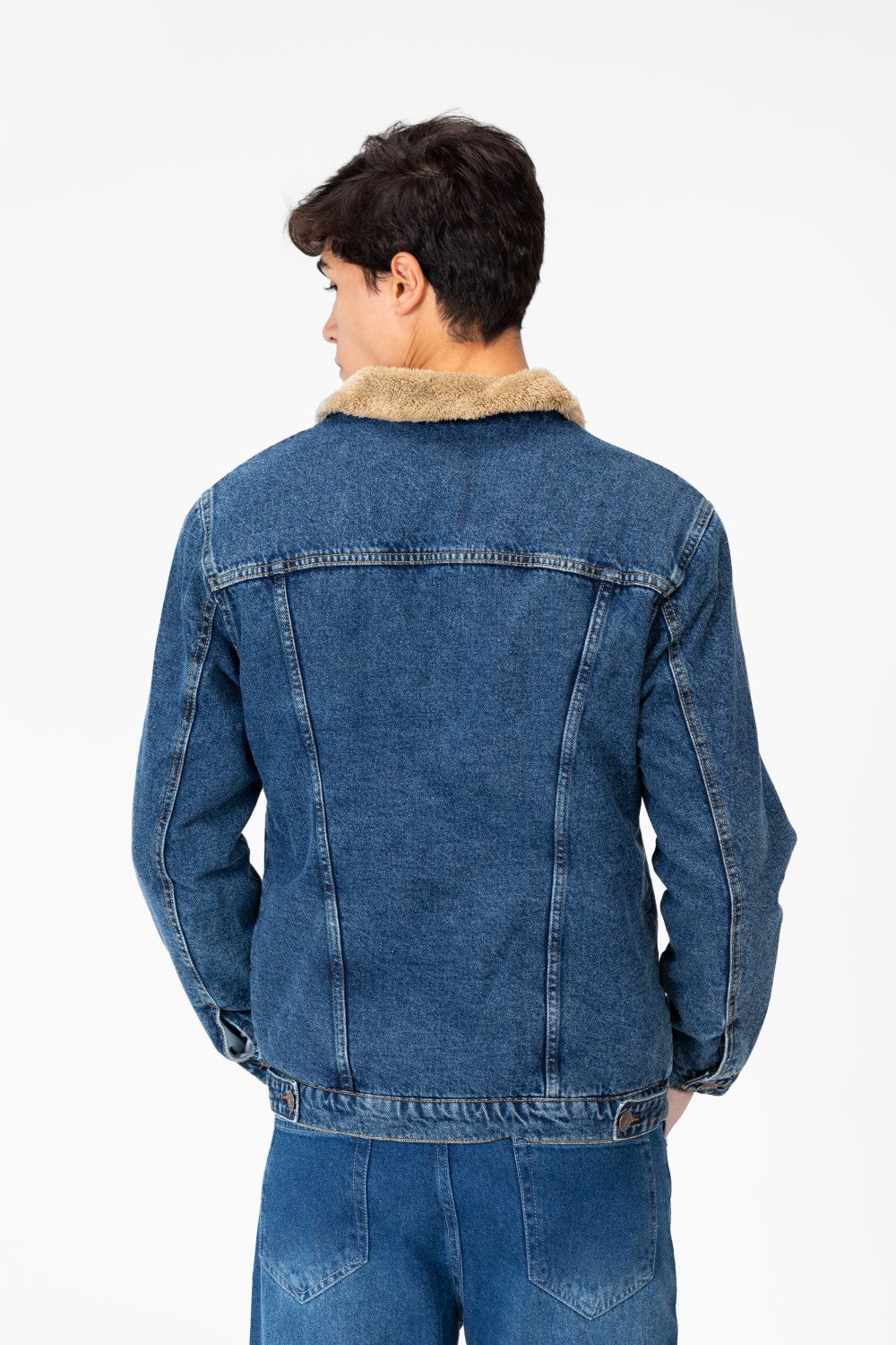 Men's Denim Fur Padded Jacket With Front Pockets And Long Sleeves