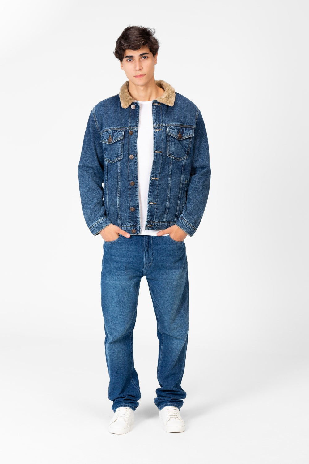 Men's Denim Fur Padded Jacket With Front Pockets And Long Sleeves