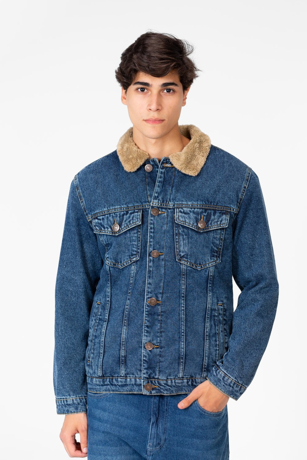 Men's Denim Fur Padded Jacket With Front Pockets And Long Sleeves