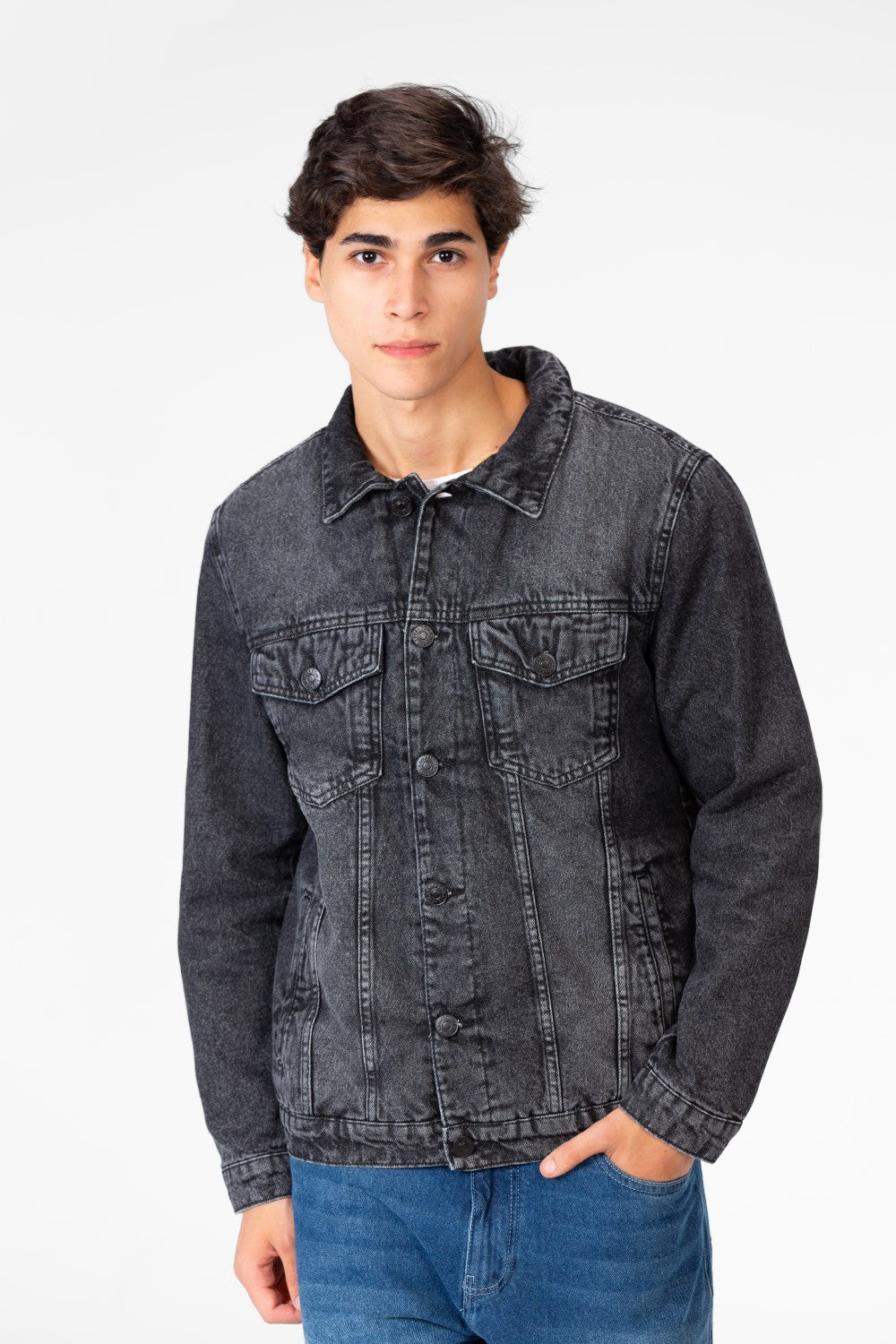 Men's Winter Fur Padded Denim Jacket With Basic Details