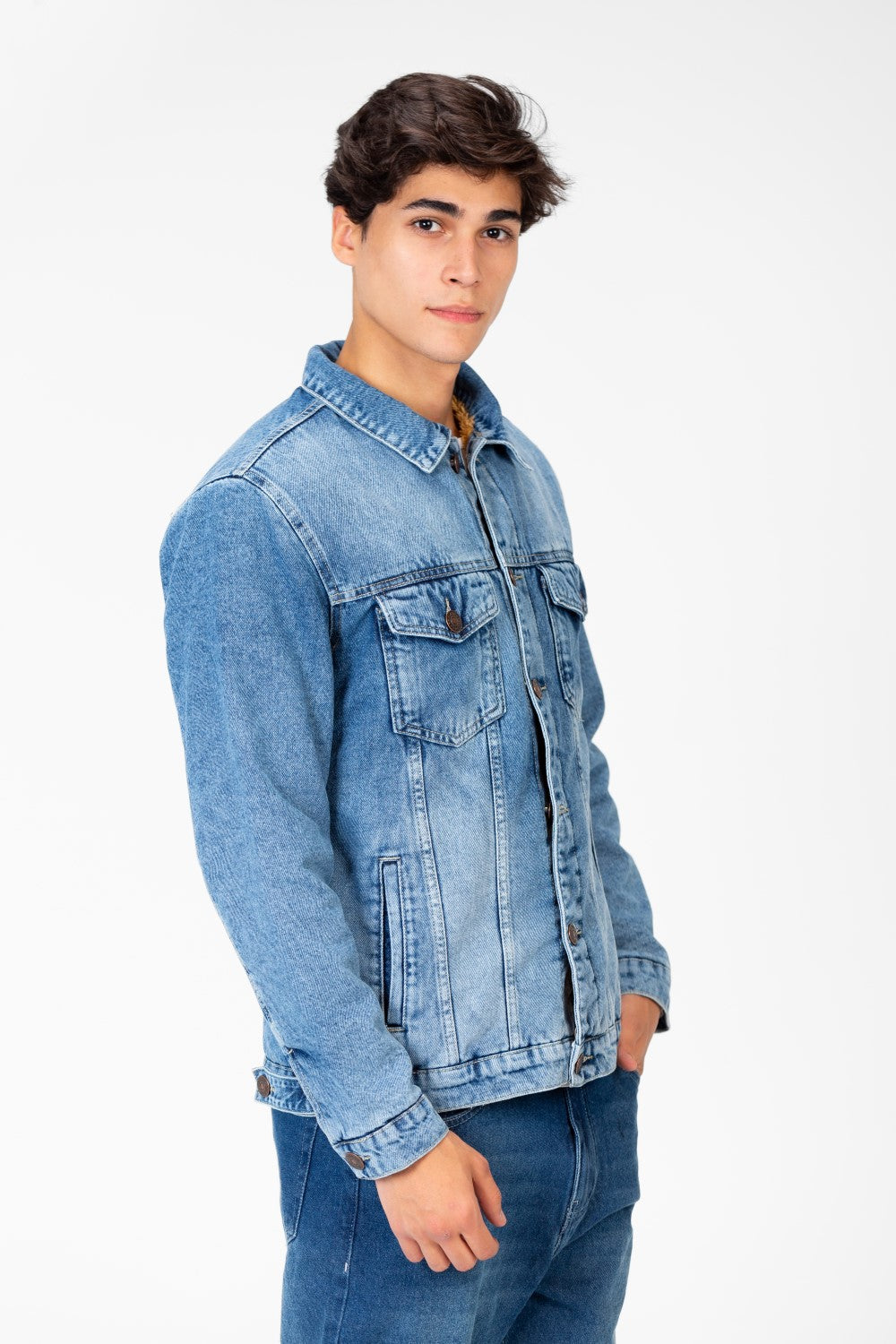 Men's Winter Fur Padded Denim Jacket With Basic Details