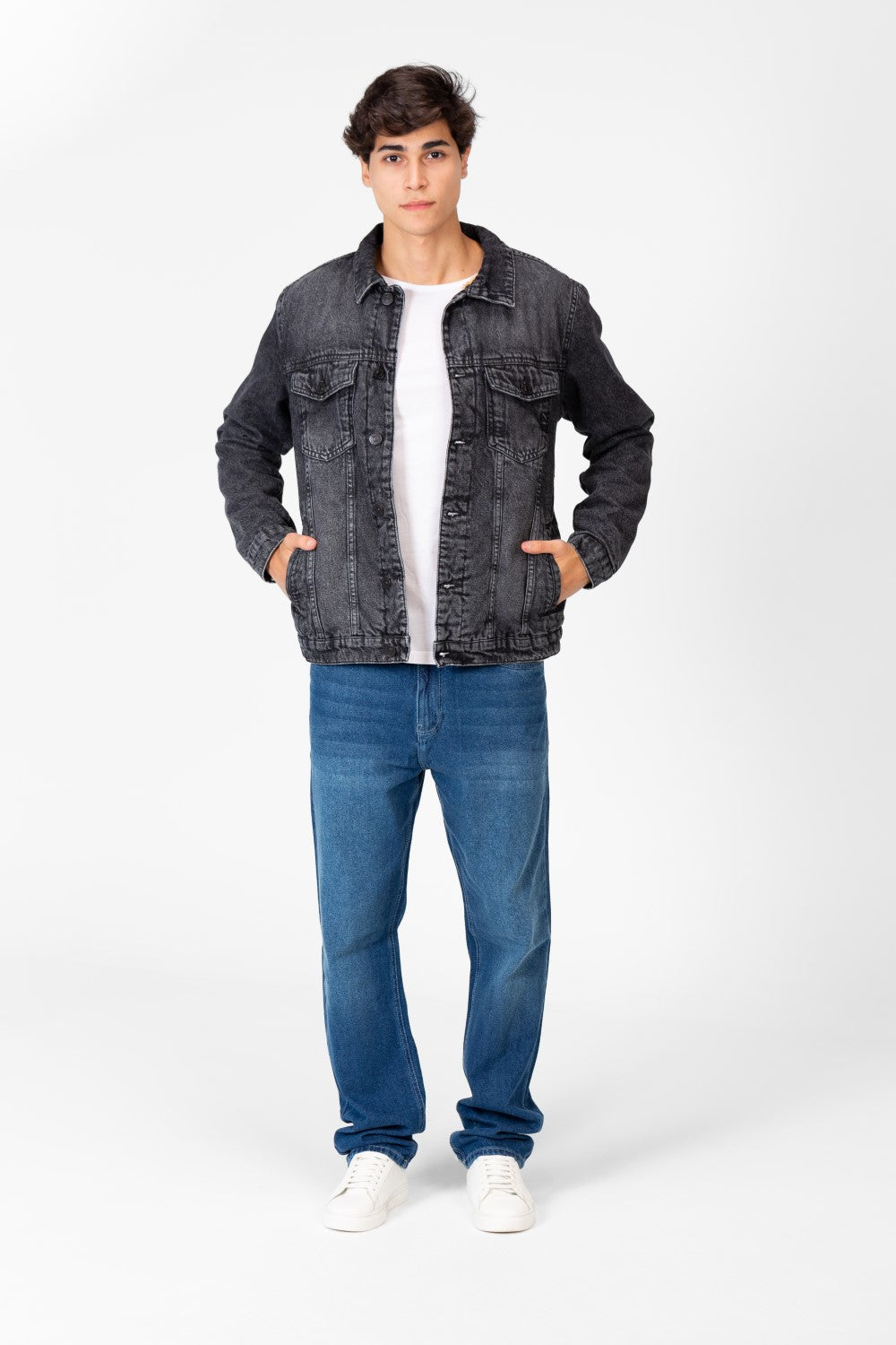 Men's Winter Fur Padded Denim Jacket With Basic Details