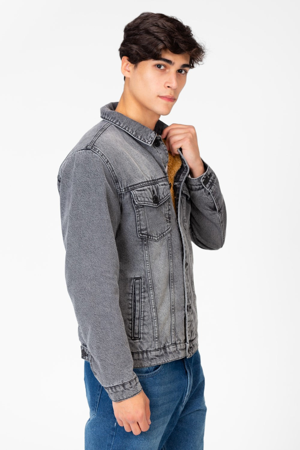 Men's Winter Fur Padded Denim Jacket With Basic Details