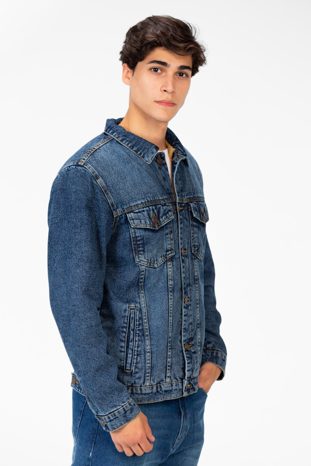 Men's Winter Fur Padded Denim Jacket With Basic Details