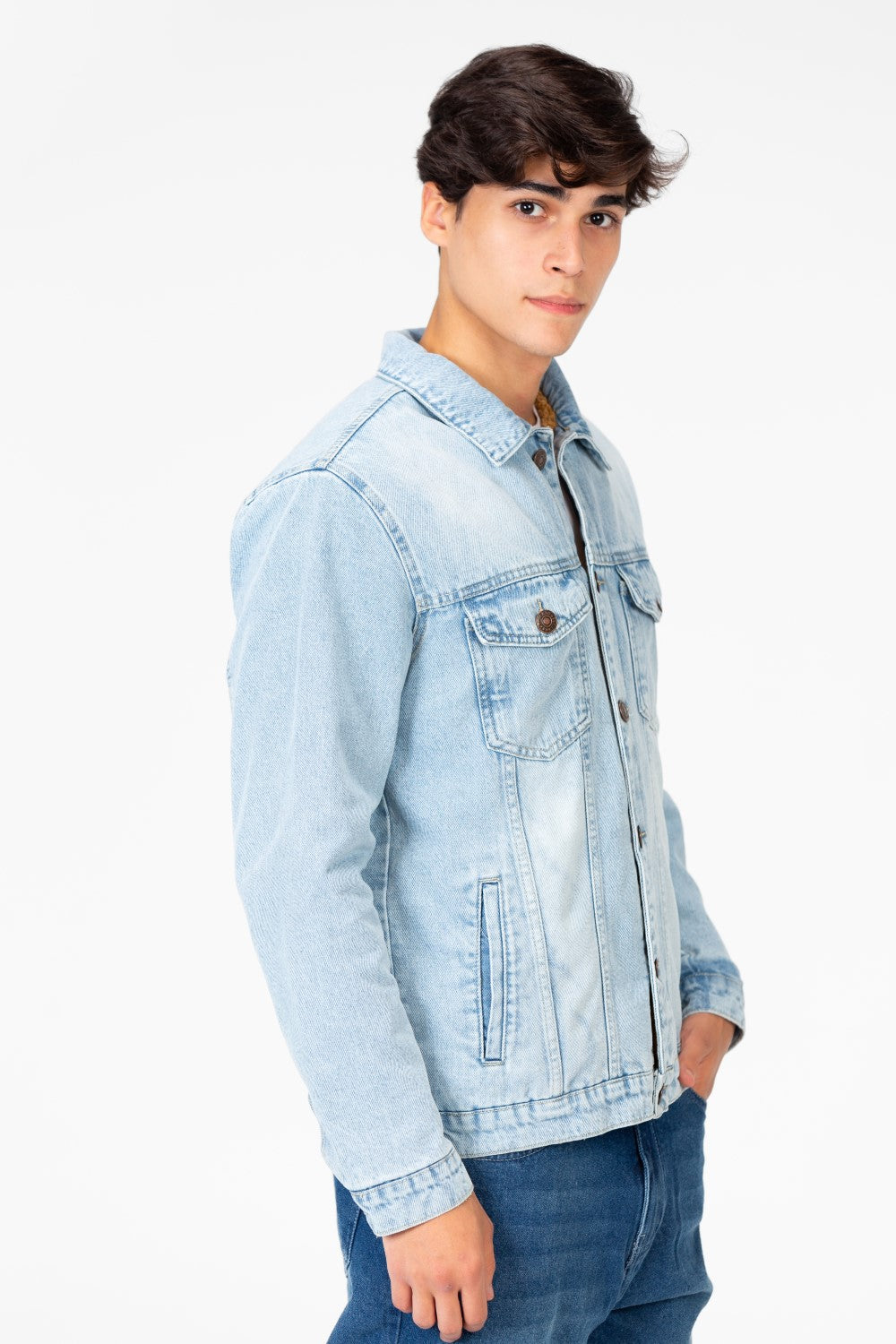 Men's Winter Fur Padded Denim Jacket With Basic Details