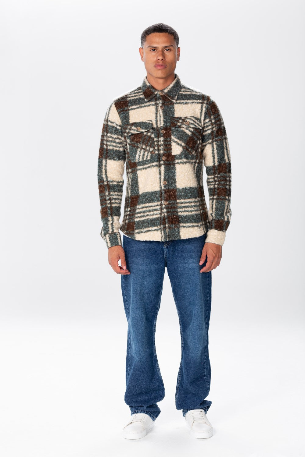 Men's Checked Wool Shirt With Long Sleeves And Pockets