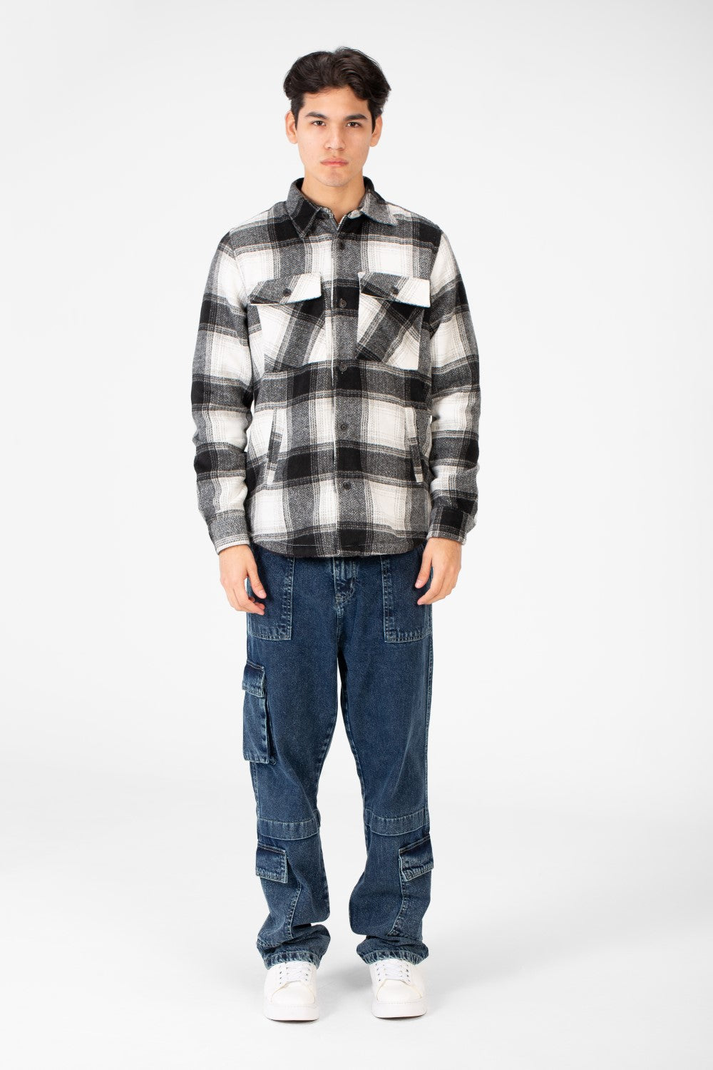 Men's Winter Fur Padded Checked Shirt With Pockets And Long Sleeves