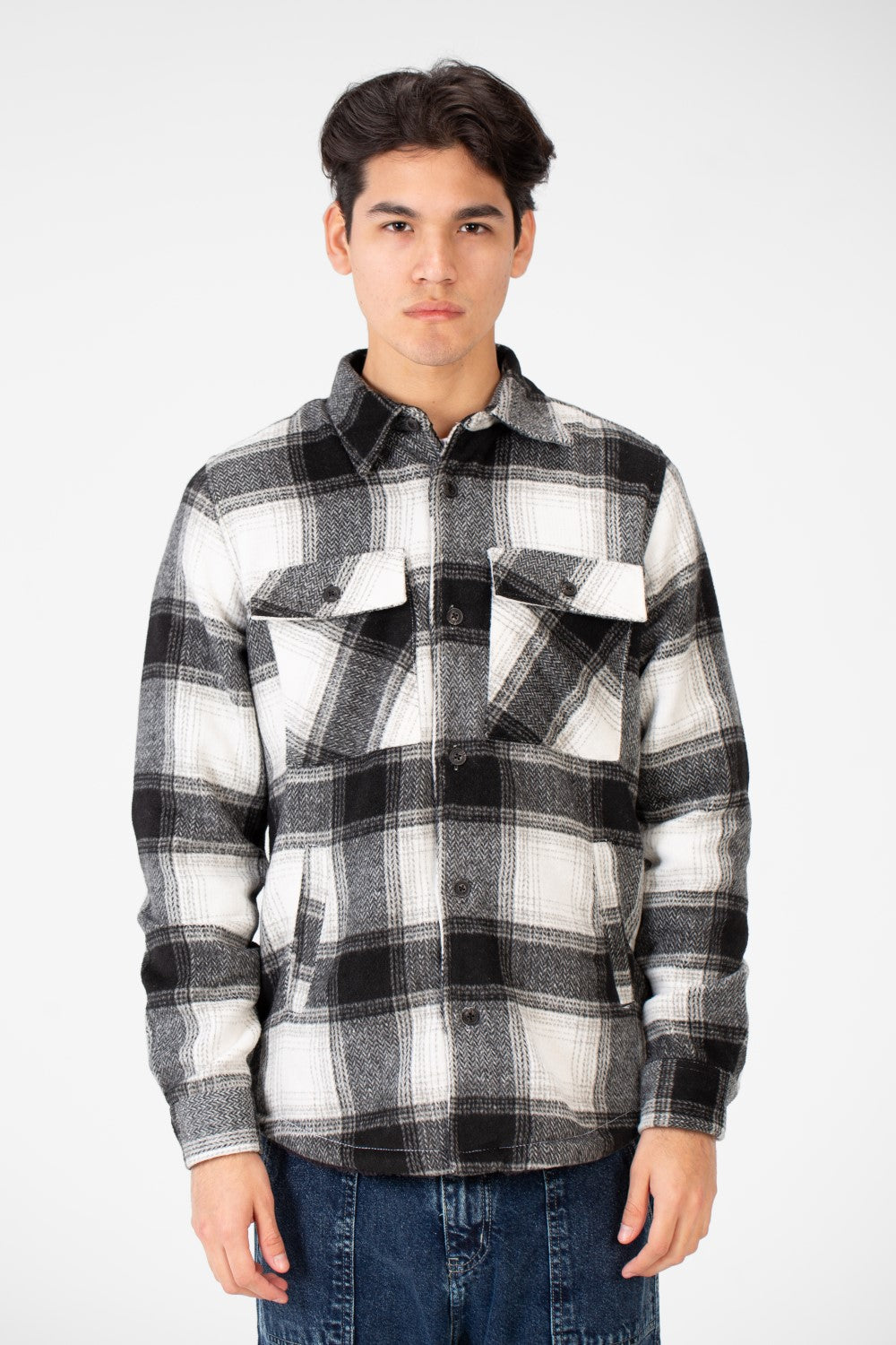 Men's Winter Fur Padded Checked Shirt With Pockets And Long Sleeves