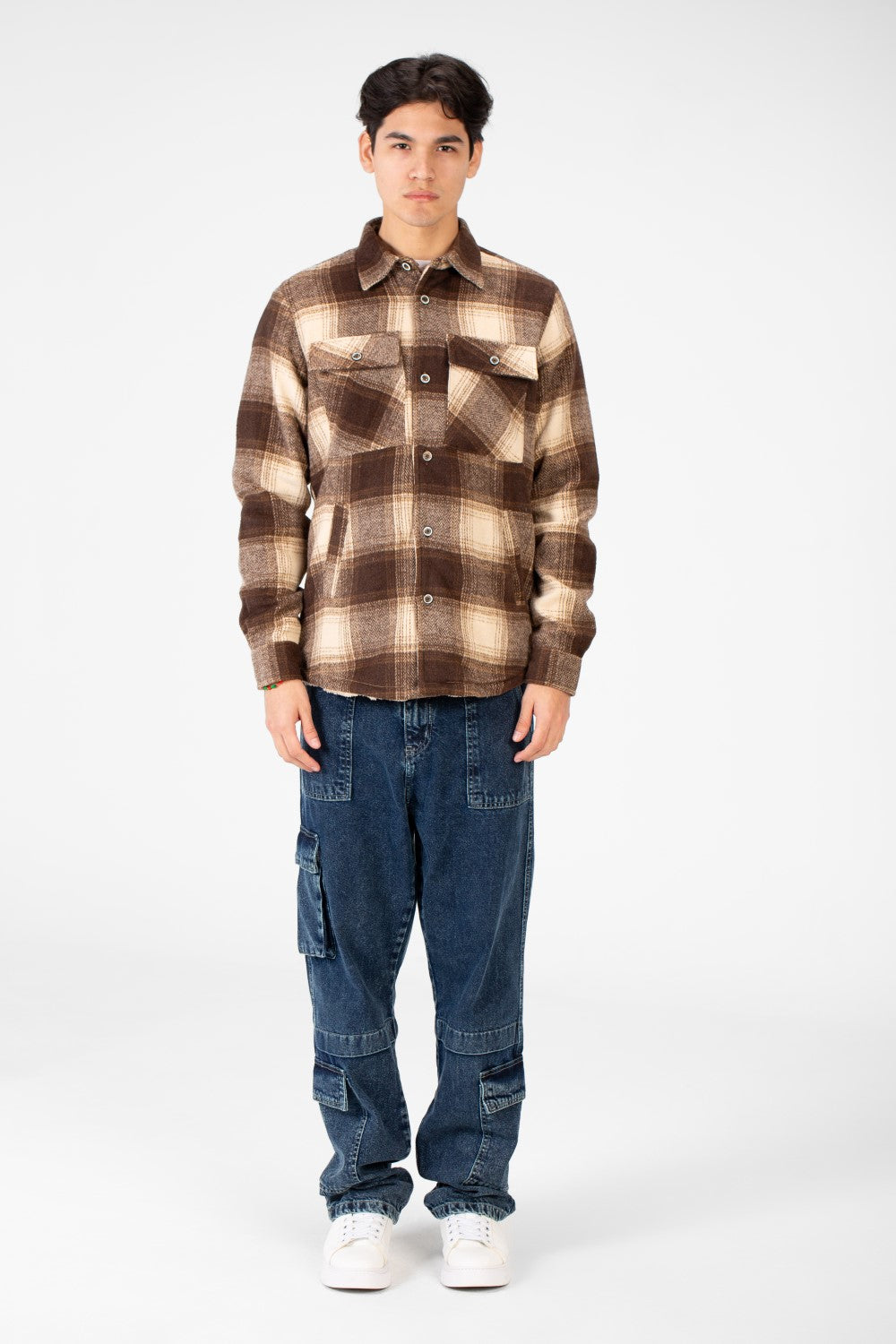 Men's Winter Fur Padded Checked Shirt With Pockets And Long Sleeves