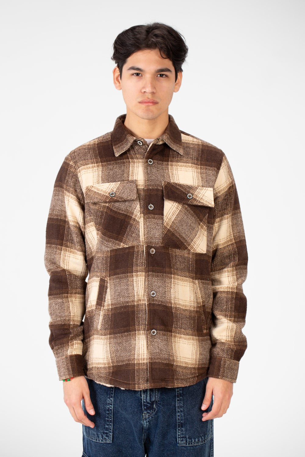 Men's Winter Fur Padded Checked Shirt With Pockets And Long Sleeves