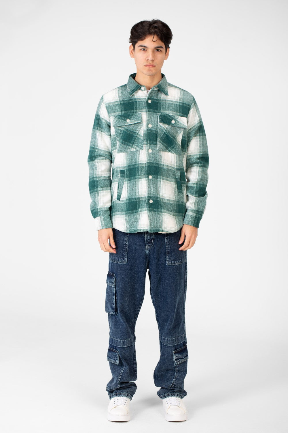 Men's Winter Fur Padded Checked Shirt With Pockets And Long Sleeves