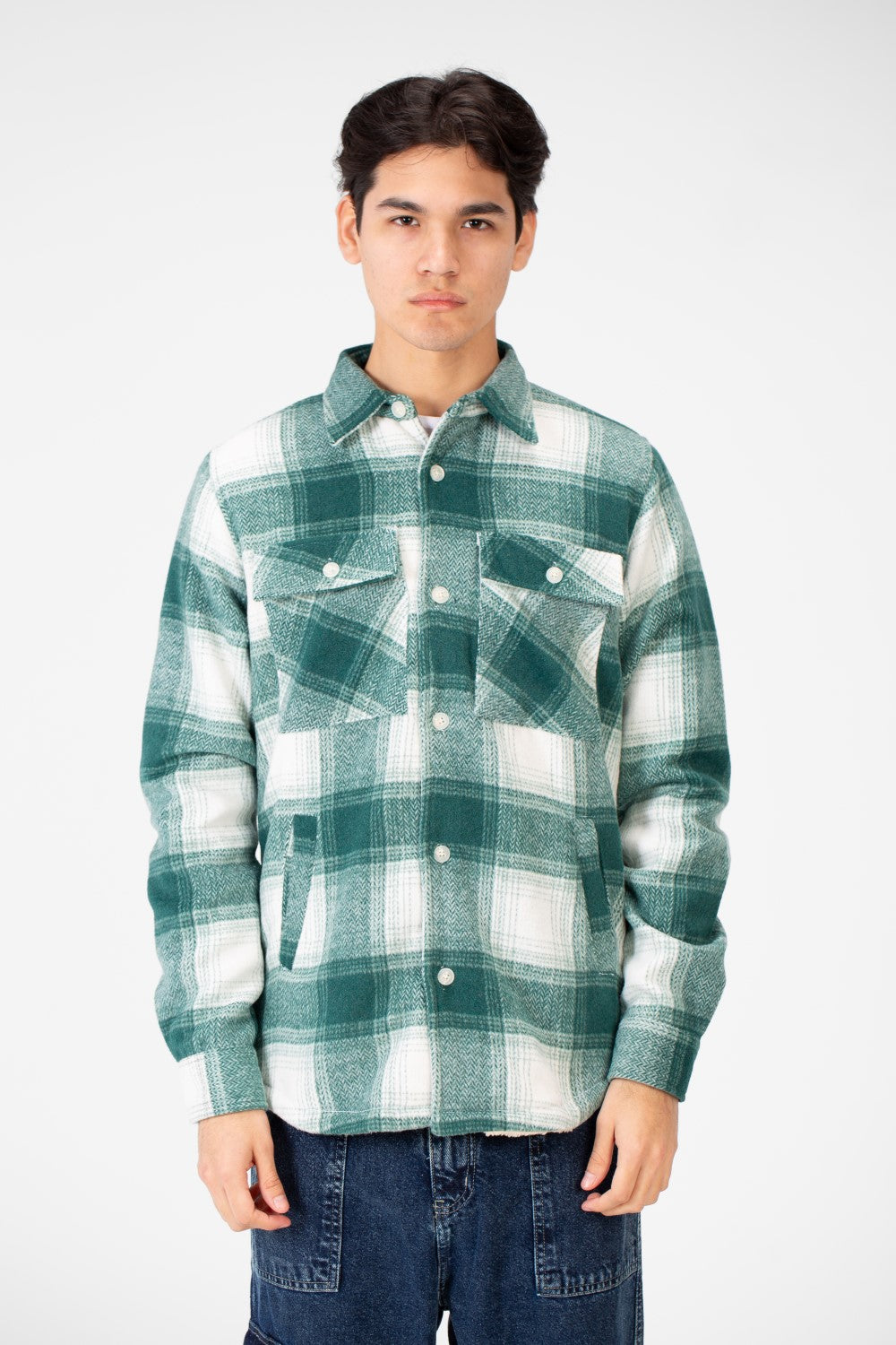 Men's Winter Fur Padded Checked Shirt With Pockets And Long Sleeves