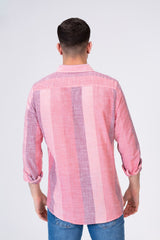 قميص رجالي من الكتان بقصة عادية ومخطط طويل مع ياقة