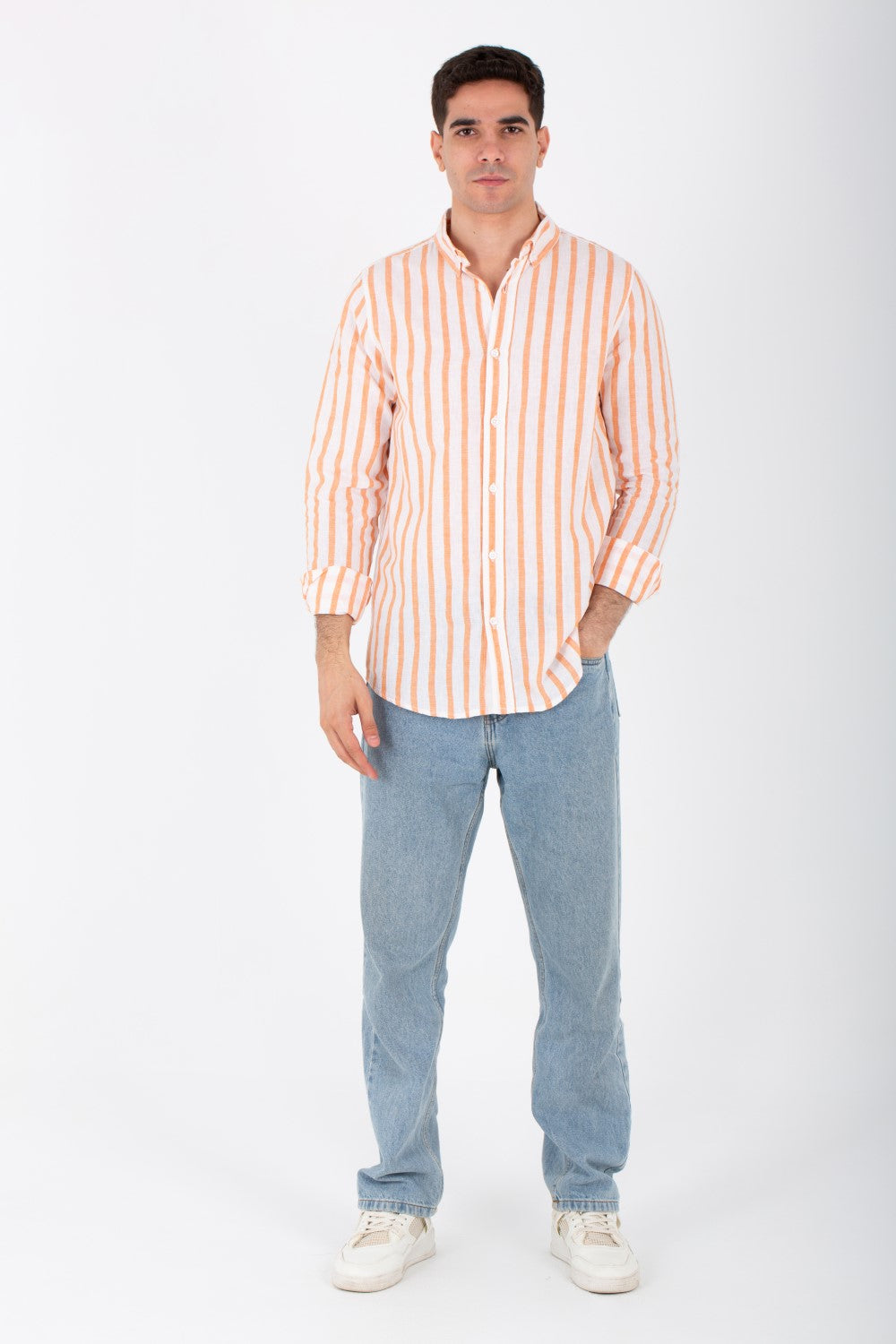 Mens Long Sleeved Striped Shirt In Comfortable Linen Material