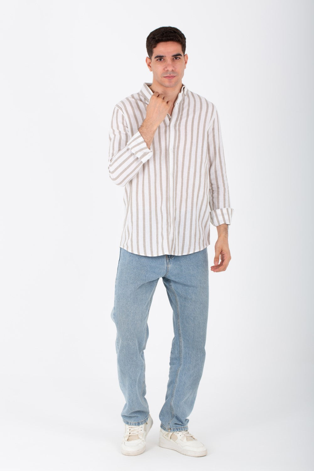 Mens Long Sleeved Striped Shirt In Comfortable Linen Material