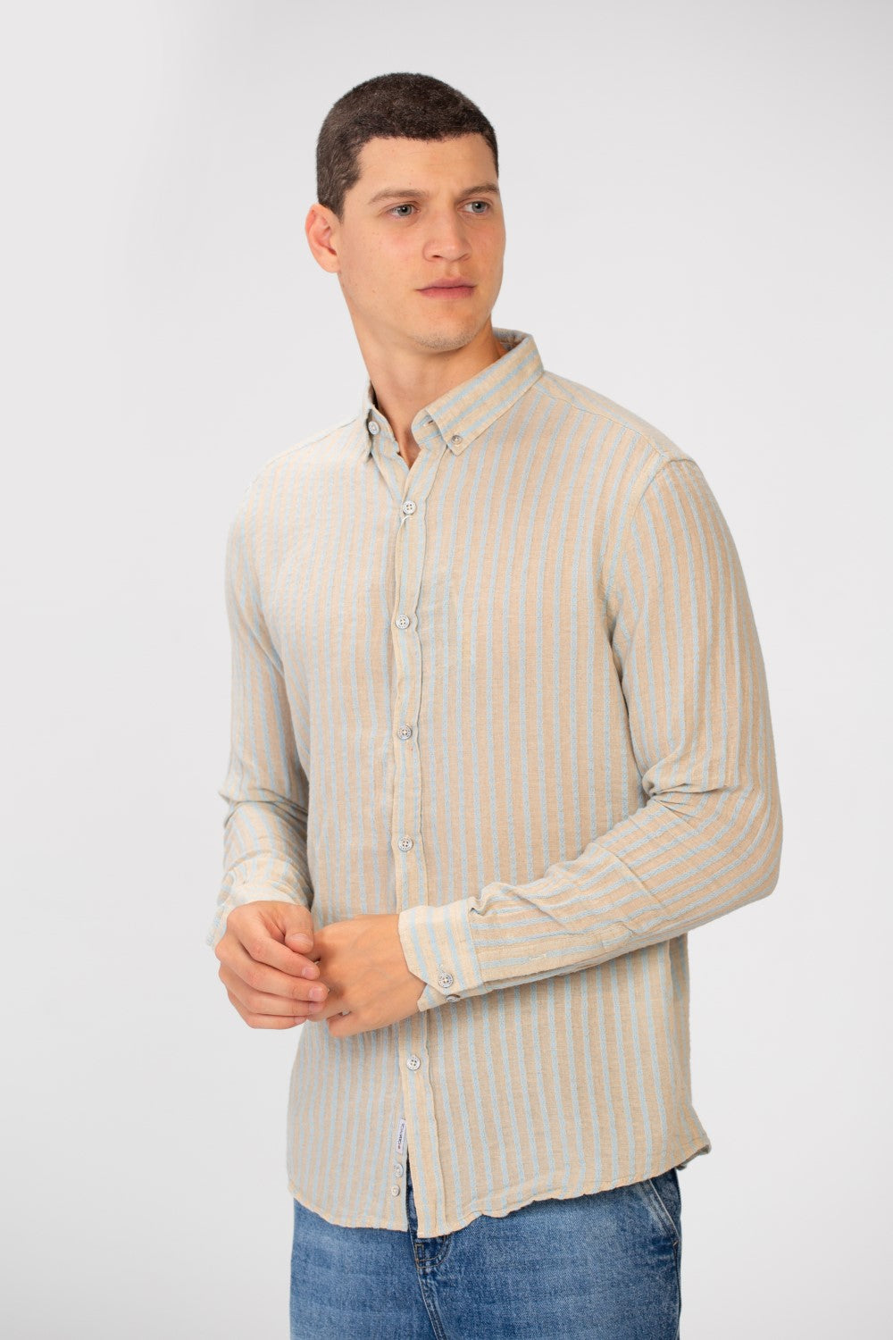 Men's Linen Striped Long Sleeve Regular Fit Shirt High Quality Material