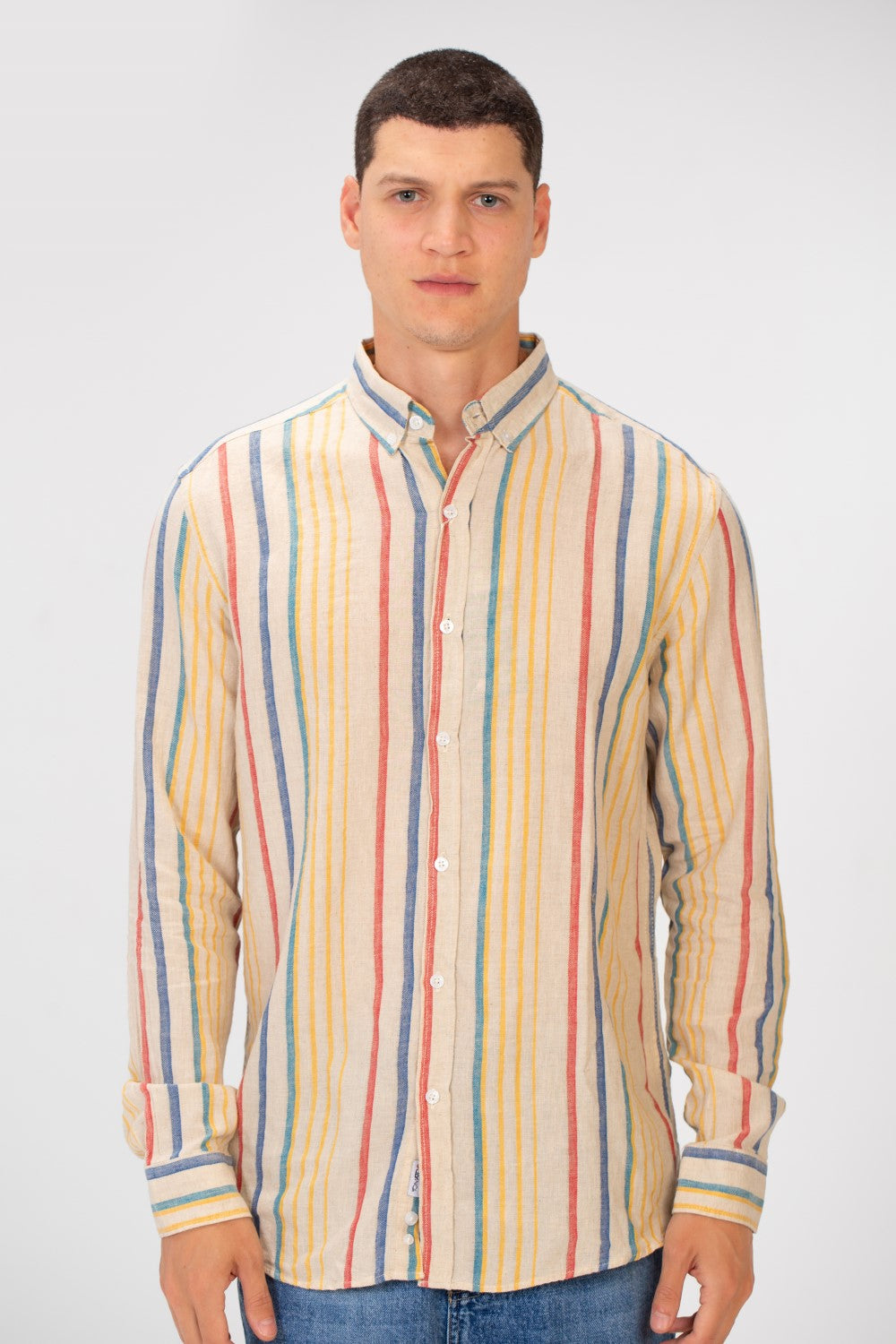 Men's Striped Linen Regular Fit Long Sleeves Shirt with Full Front Button